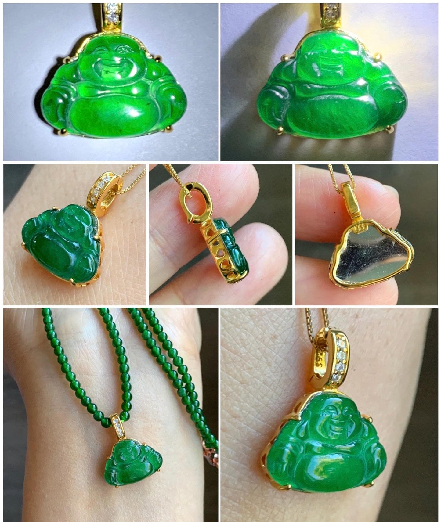 Natural Grade A Guatemalan Icy Translucent Vibrant Green Jade Jadeite Buddha Pendant Sterling Silver Gold Overlay 天然冰危绿翡翠佛公镶嵌吊坠 WXF165