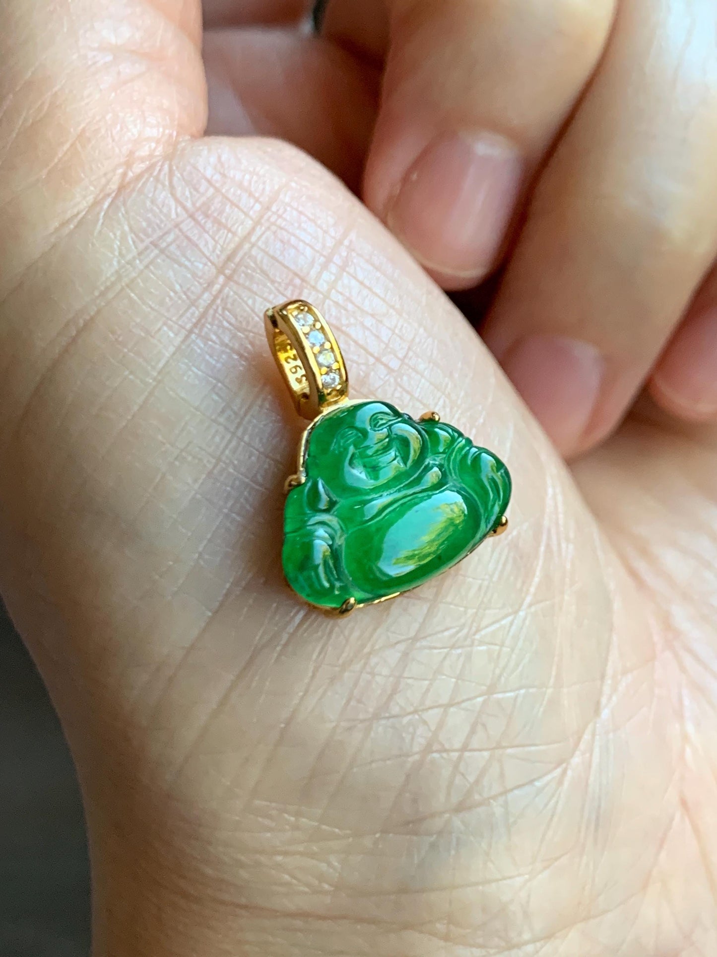 Natural Grade A Guatemalan Icy Translucent Vibrant Green Jade Jadeite Buddha Pendant Sterling Silver Gold Overlay 天然冰危绿翡翠佛公镶嵌吊坠 WXF165