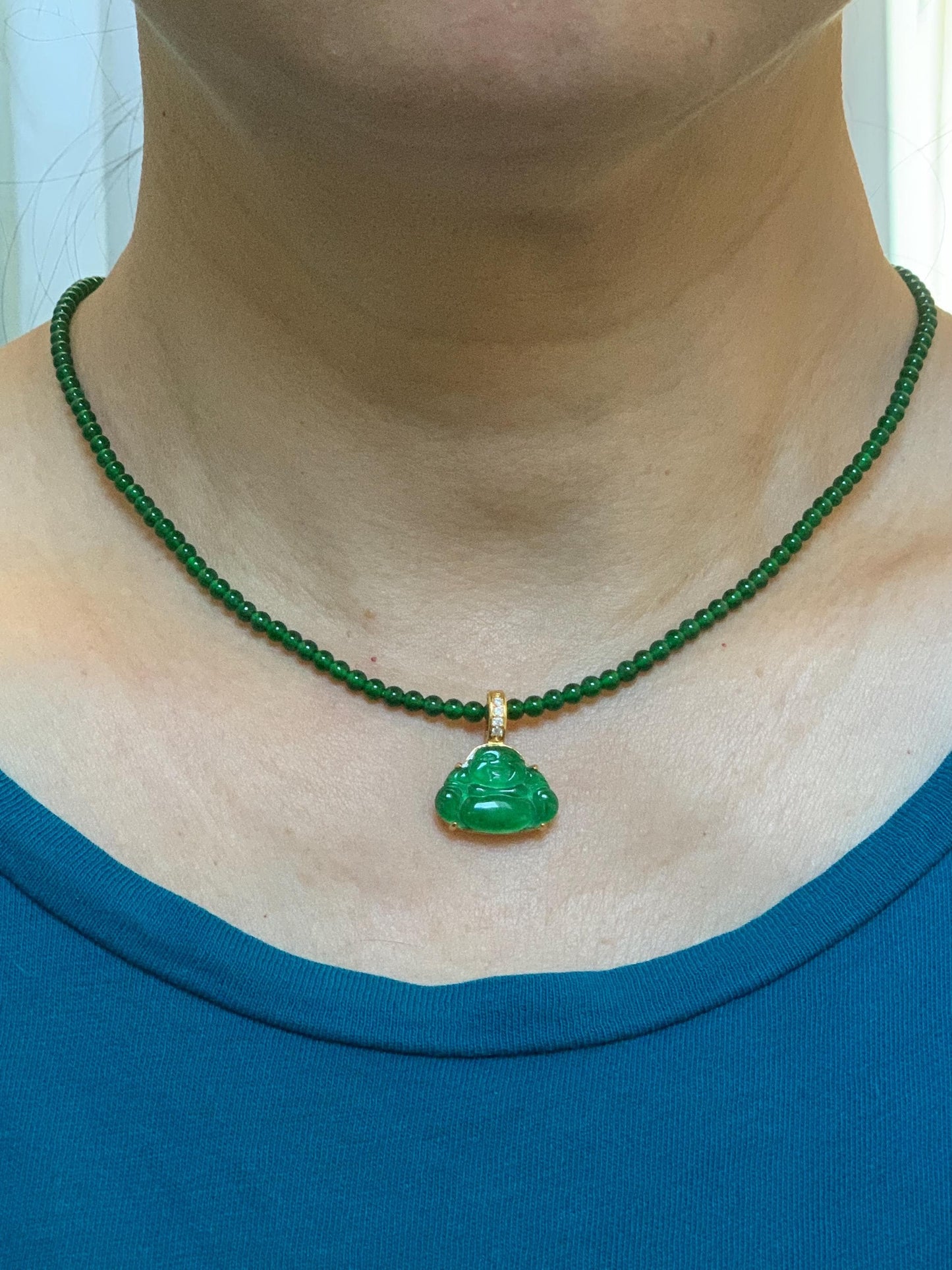 Natural Grade A Guatemalan Icy Translucent Vibrant Green Jade Jadeite Buddha Pendant Sterling Silver Gold Overlay 天然冰危绿翡翠佛公镶嵌吊坠 WXF165