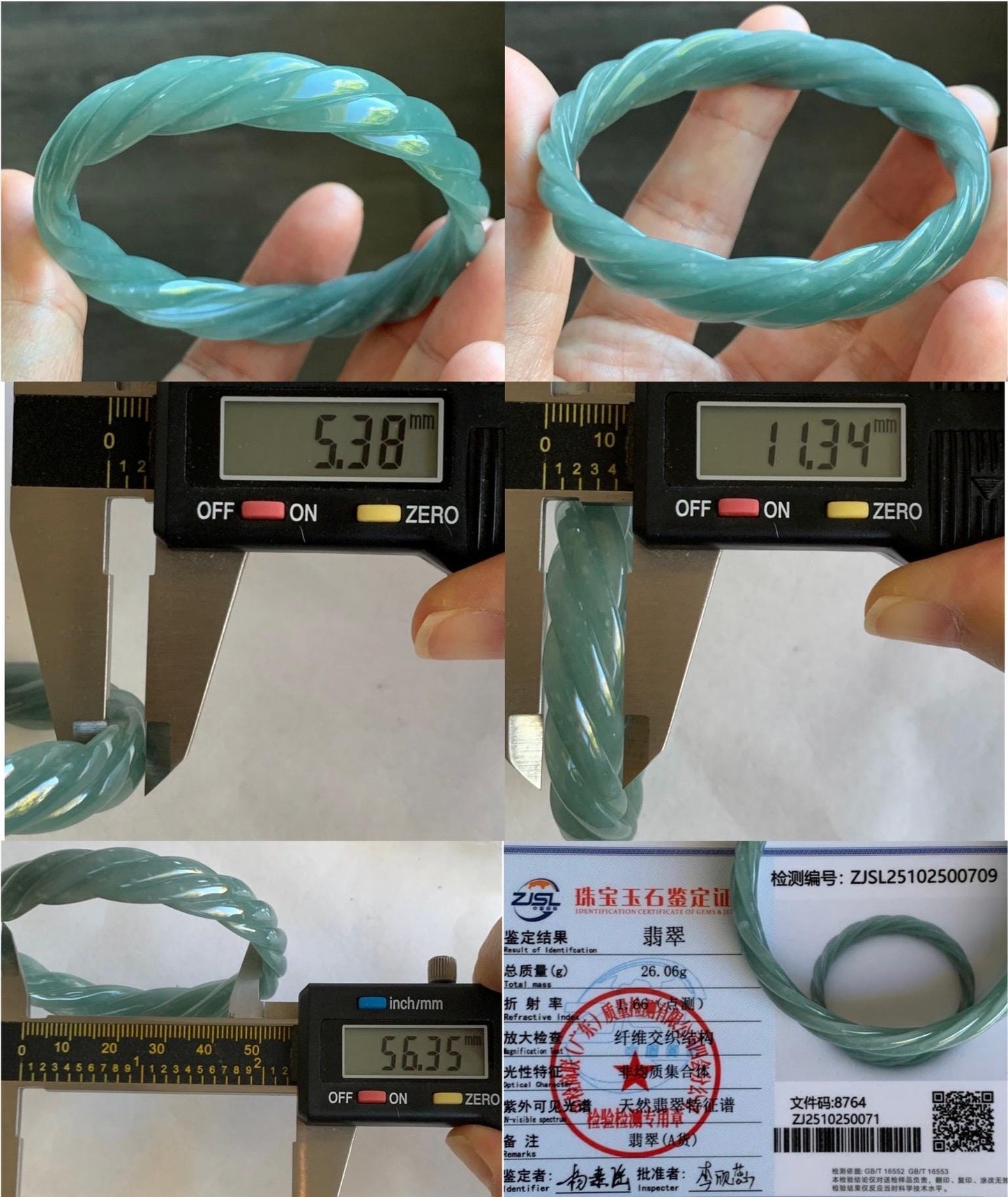 Certified Natural Grade A Guatemalan Icy Translucent Dusty Teal Blue Jade Jadeite Carved Braid Bangle 56.35mm 6.96” 天然冰危淡蓝绿翡翠麻花手镯 709