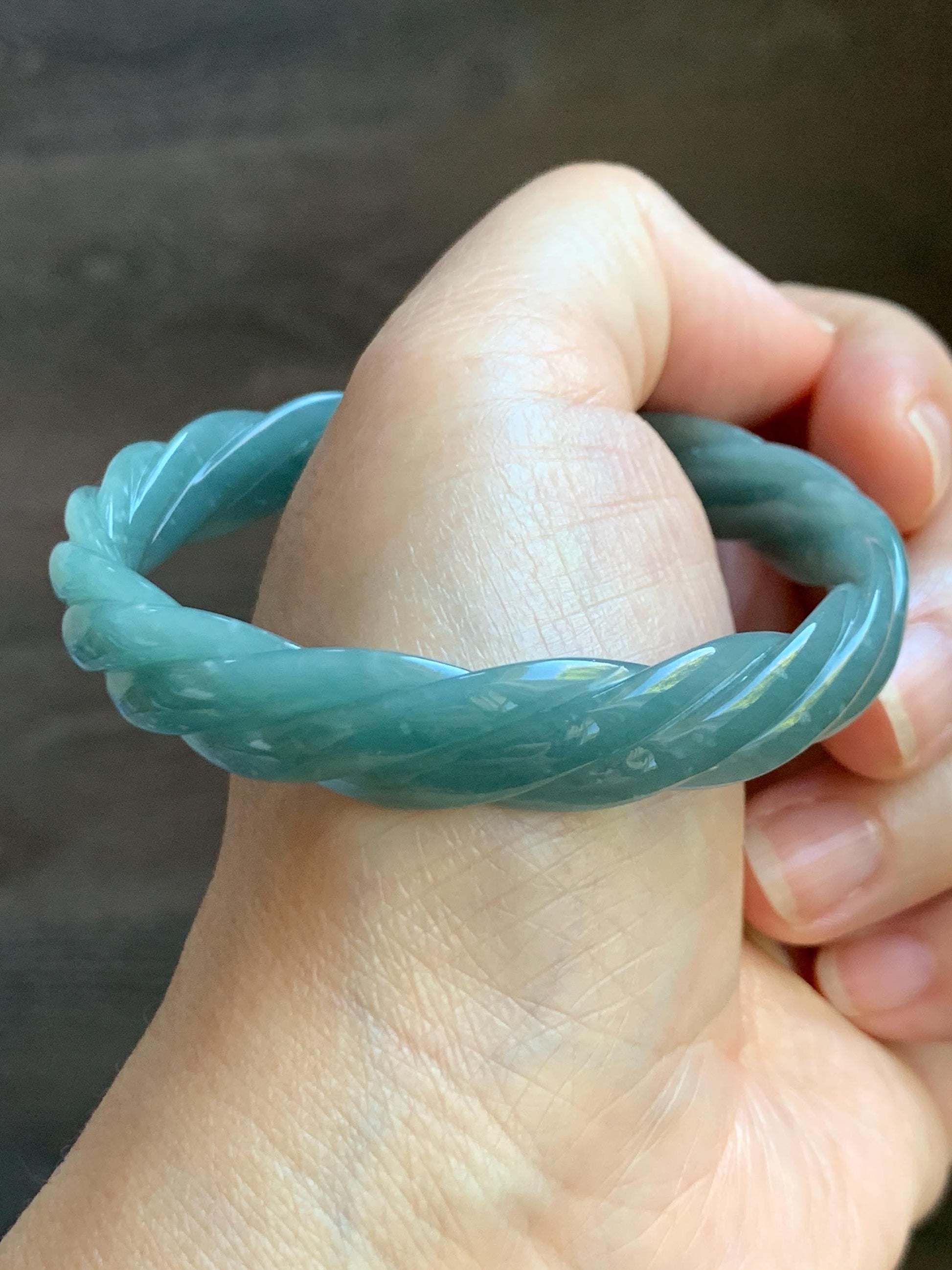 Certified Natural Grade A Guatemalan Icy Translucent Dusty Teal Blue Jade Jadeite Carved Braid Bangle 56.35mm 6.96” 天然冰危淡蓝绿翡翠麻花手镯 709