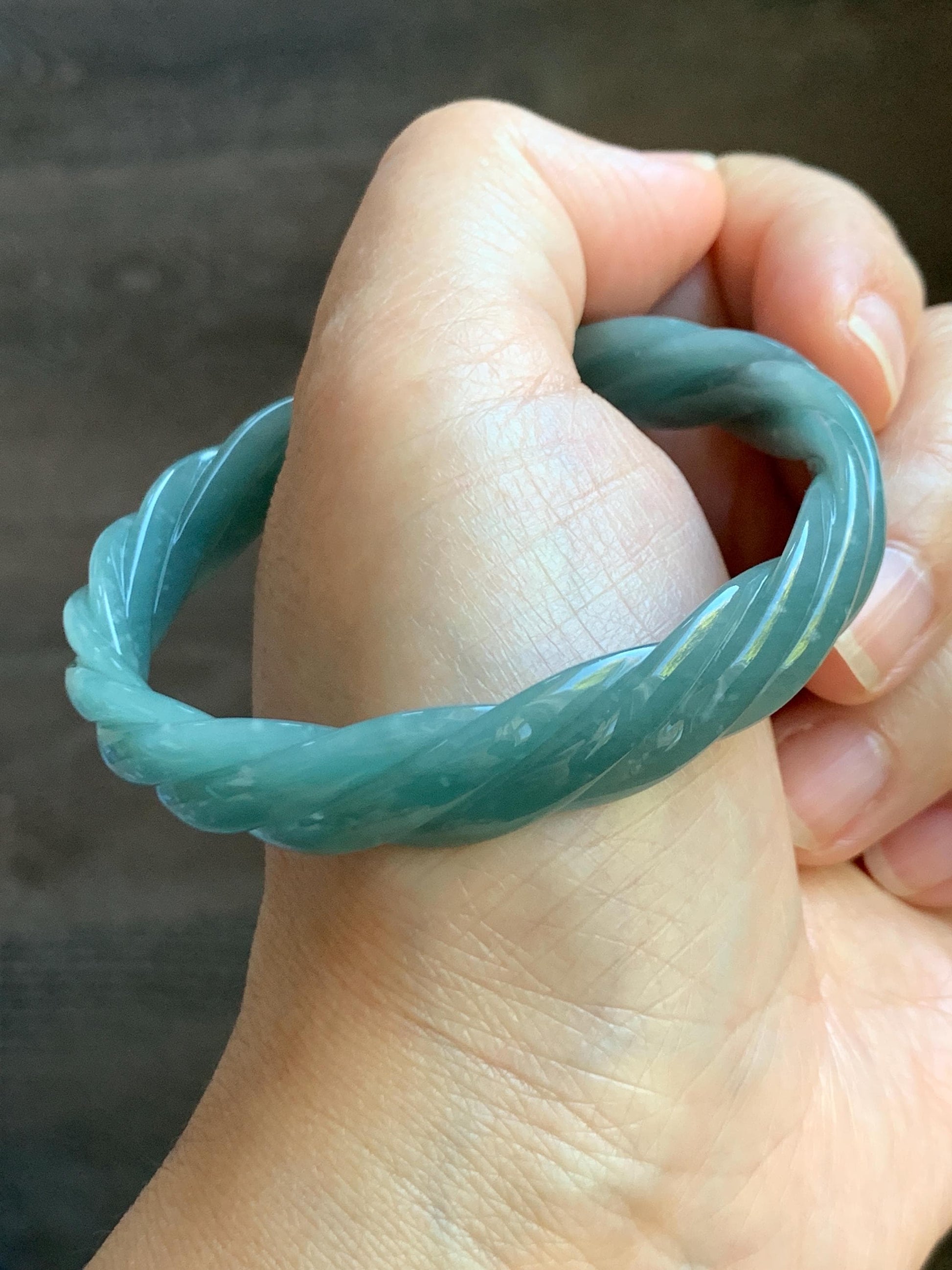 Certified Natural Grade A Guatemalan Icy Translucent Dusty Teal Blue Jade Jadeite Carved Braid Bangle 56.35mm 6.96” 天然冰危淡蓝绿翡翠麻花手镯 709