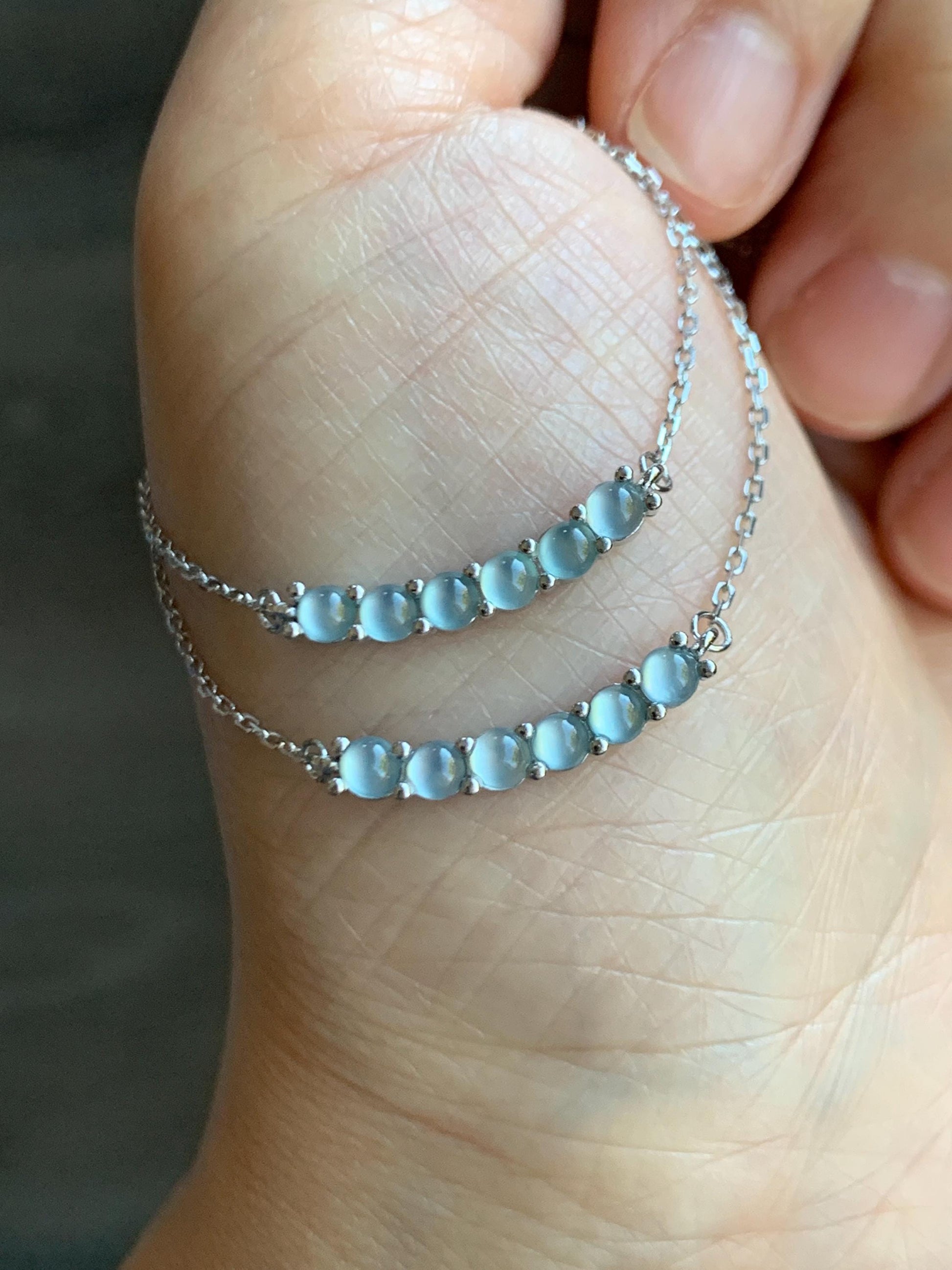 Natural Guatemalan Icy Highly Translucent Pastel Blue Jade Jadeite Smile Pendant Necklace Sterling Silver 15.75”-17.25” 天然高冰危淡蓝翡翠微笑锁骨链 WLWXS