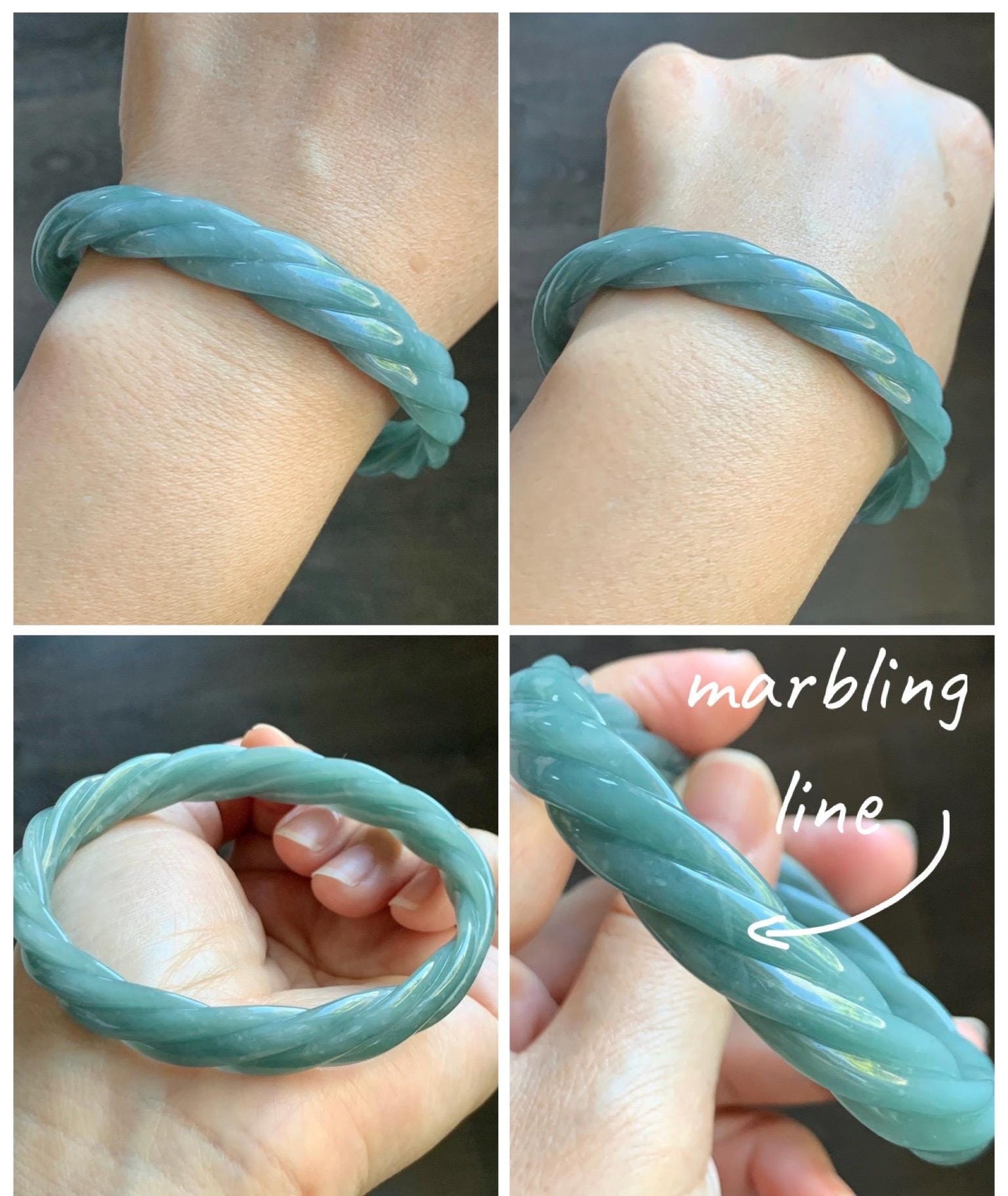 Certified Natural Grade A Guatemalan Icy Translucent Dusty Teal Blue Jade Jadeite Carved Braid Bangle 65.85mm 8.14” 天然冰危淡蓝绿翡翠麻花手镯 281