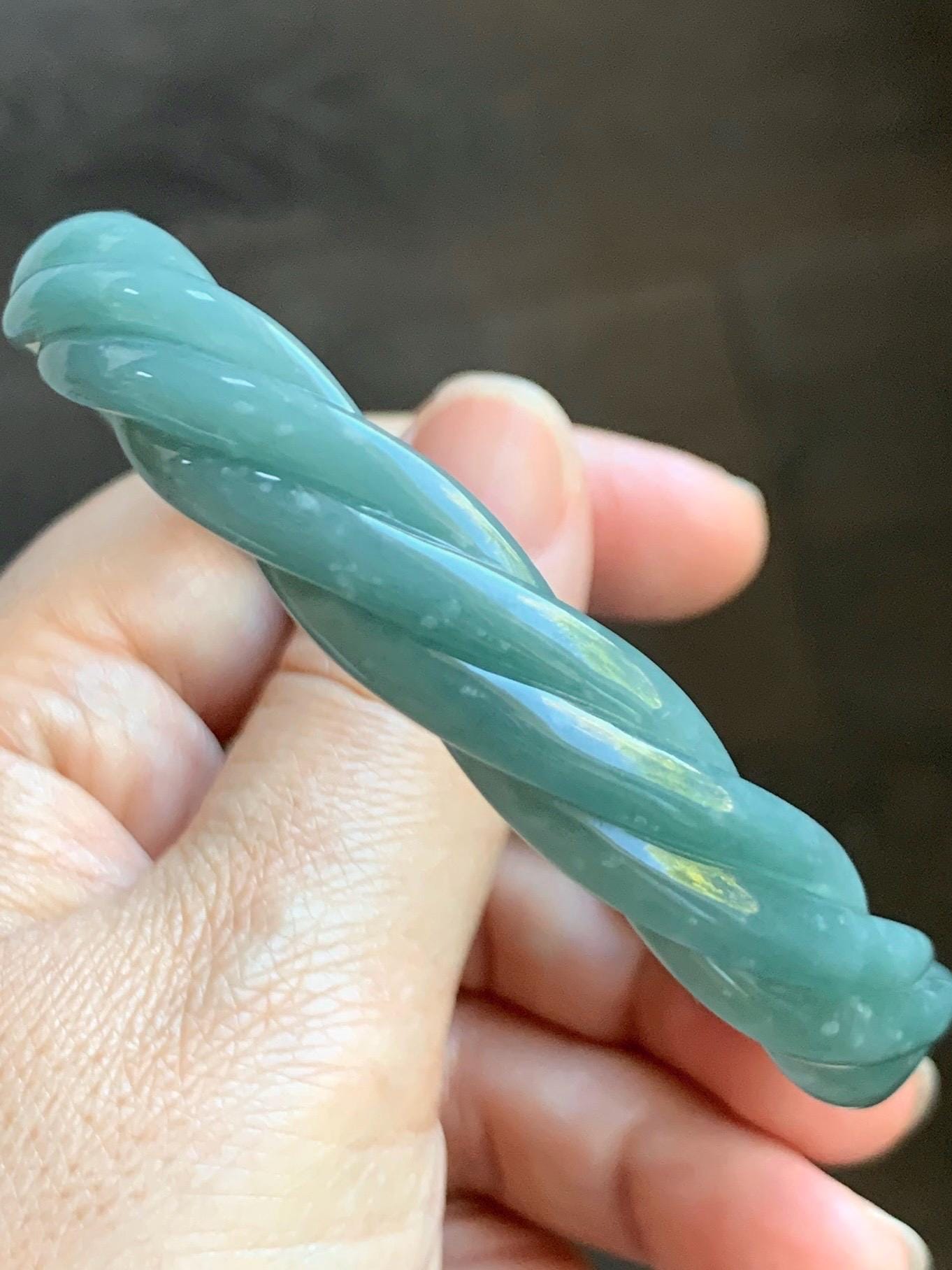 Certified Natural Grade A Guatemalan Icy Translucent Dusty Teal Blue Jade Jadeite Carved Braid Bangle 65.85mm 8.14” 天然冰危淡蓝绿翡翠麻花手镯 281