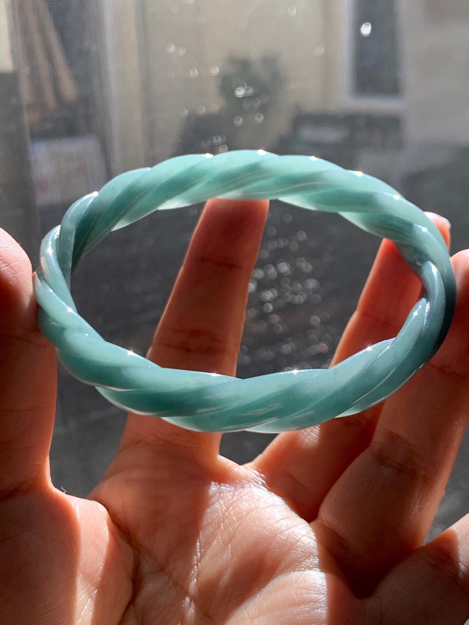 Certified Natural Grade A Guatemalan Icy Translucent Dusty Teal Blue Jade Jadeite Carved Braid Bangle 65.85mm 8.14” 天然冰危淡蓝绿翡翠麻花手镯 281