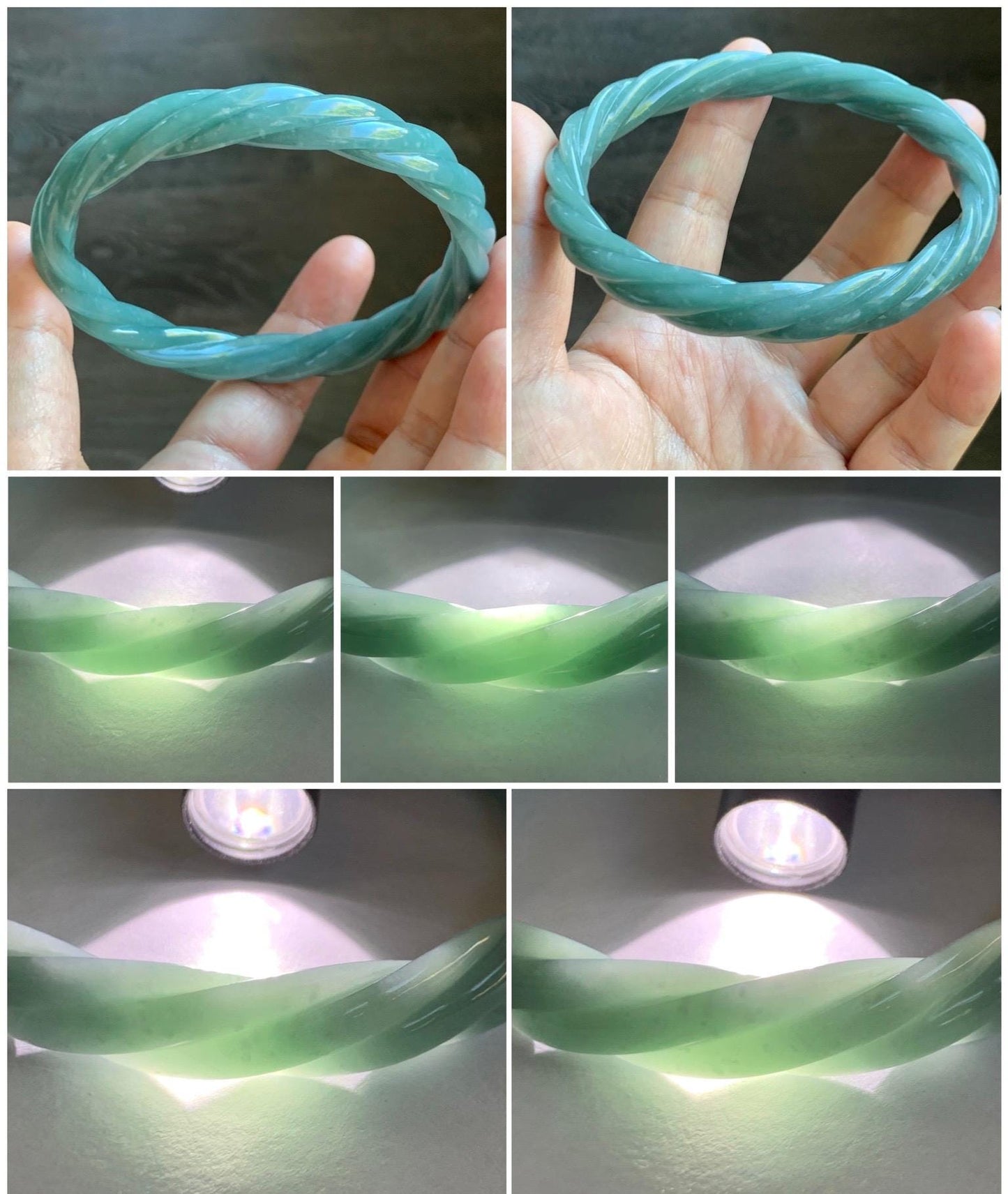Certified Natural Grade A Guatemalan Icy Translucent Dusty Teal Blue Jade Jadeite Carved Braid Bangle 70.36mm 8.7” 天然冰危淡蓝绿翡翠麻花手镯 710