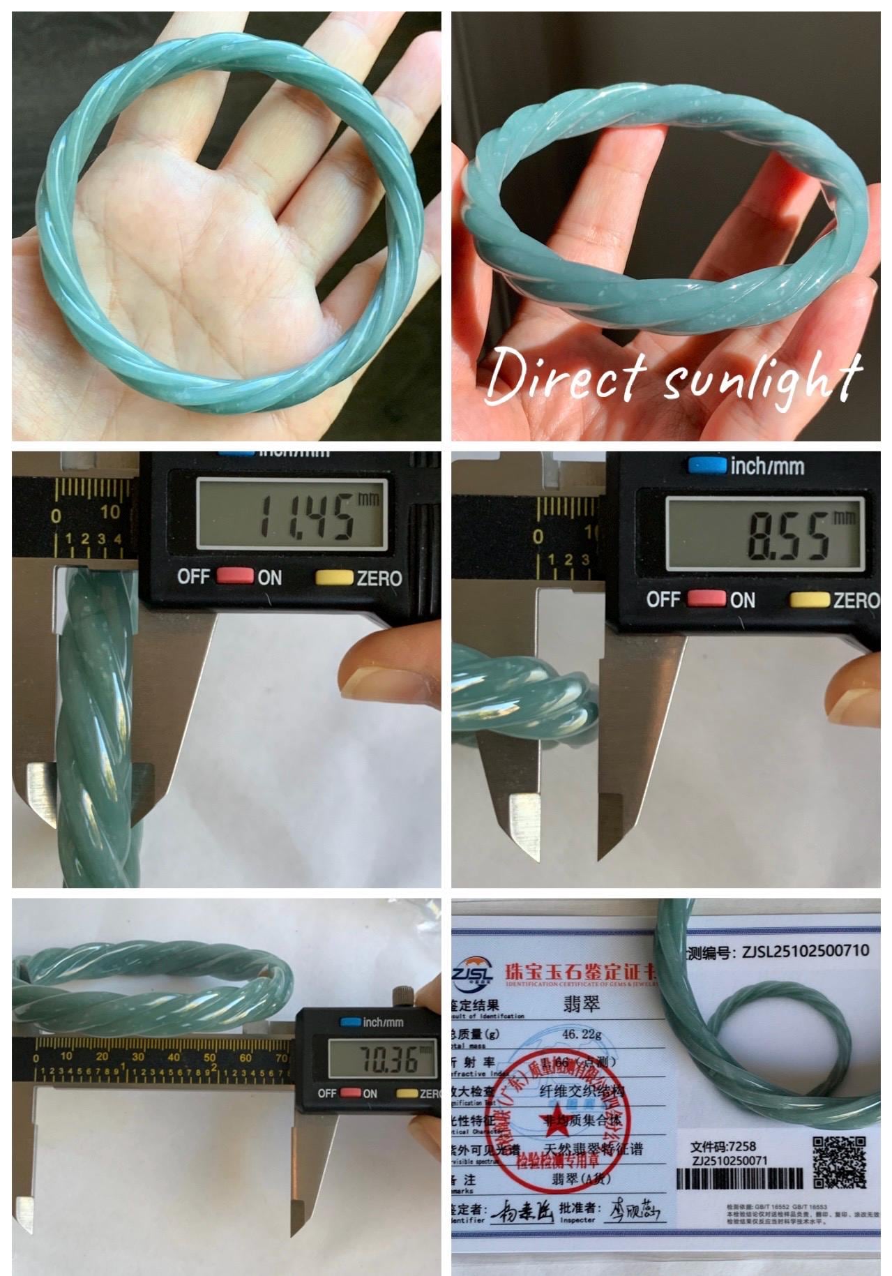 Certified Natural Grade A Guatemalan Icy Translucent Dusty Teal Blue Jade Jadeite Carved Braid Bangle 70.36mm 8.7” 天然冰危淡蓝绿翡翠麻花手镯 710
