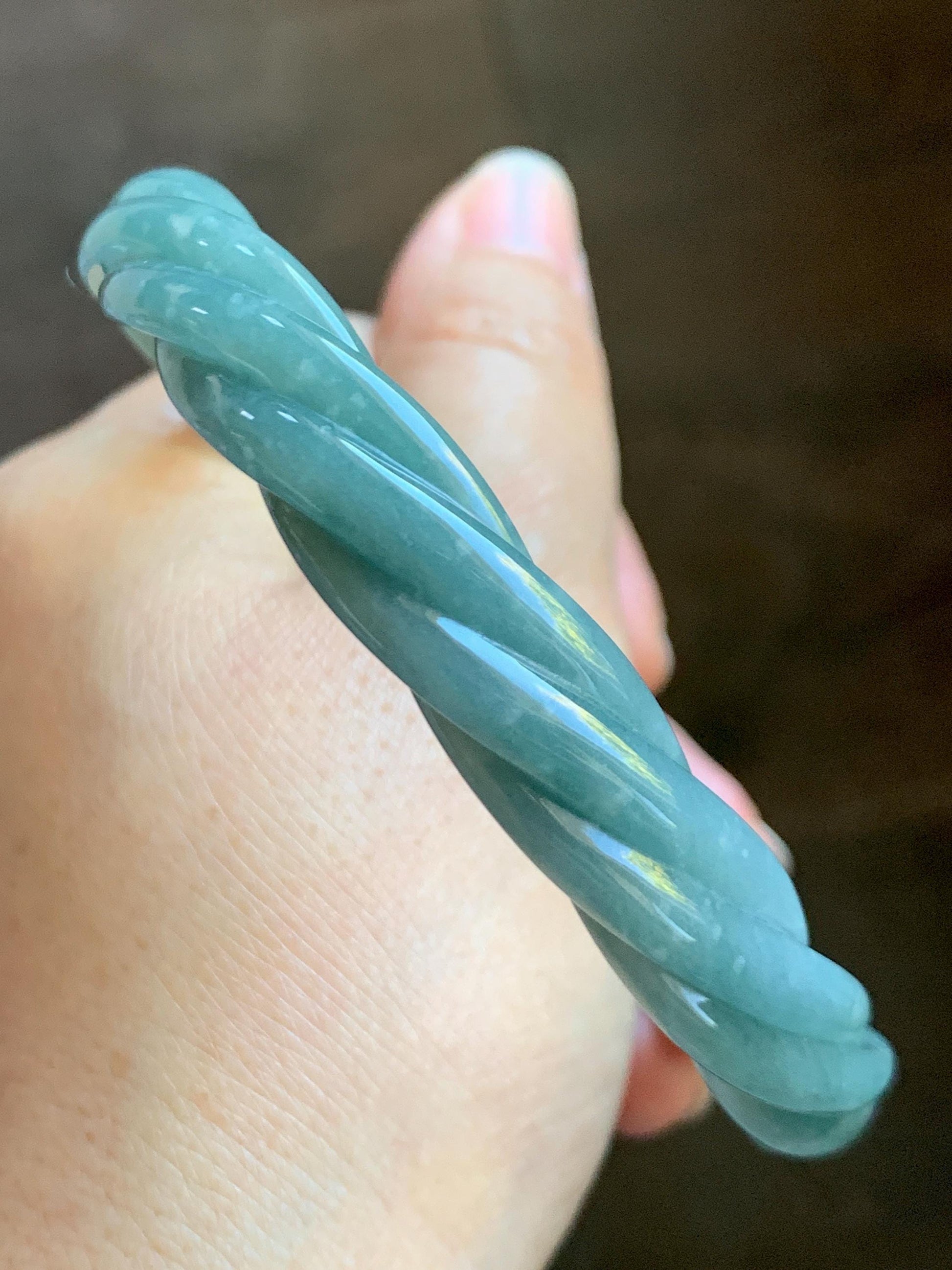 Certified Natural Grade A Guatemalan Icy Translucent Dusty Teal Blue Jade Jadeite Carved Braid Bangle 70.36mm 8.7” 天然冰危淡蓝绿翡翠麻花手镯 710