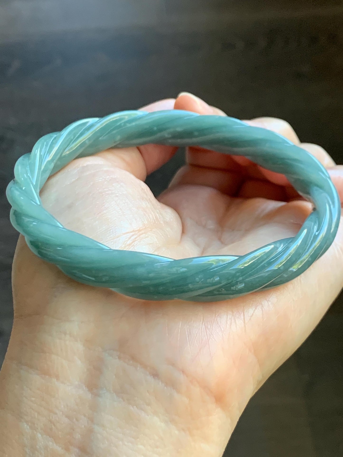 Certified Natural Grade A Guatemalan Icy Translucent Dusty Teal Blue Jade Jadeite Carved Braid Bangle 70.36mm 8.7” 天然冰危淡蓝绿翡翠麻花手镯 710