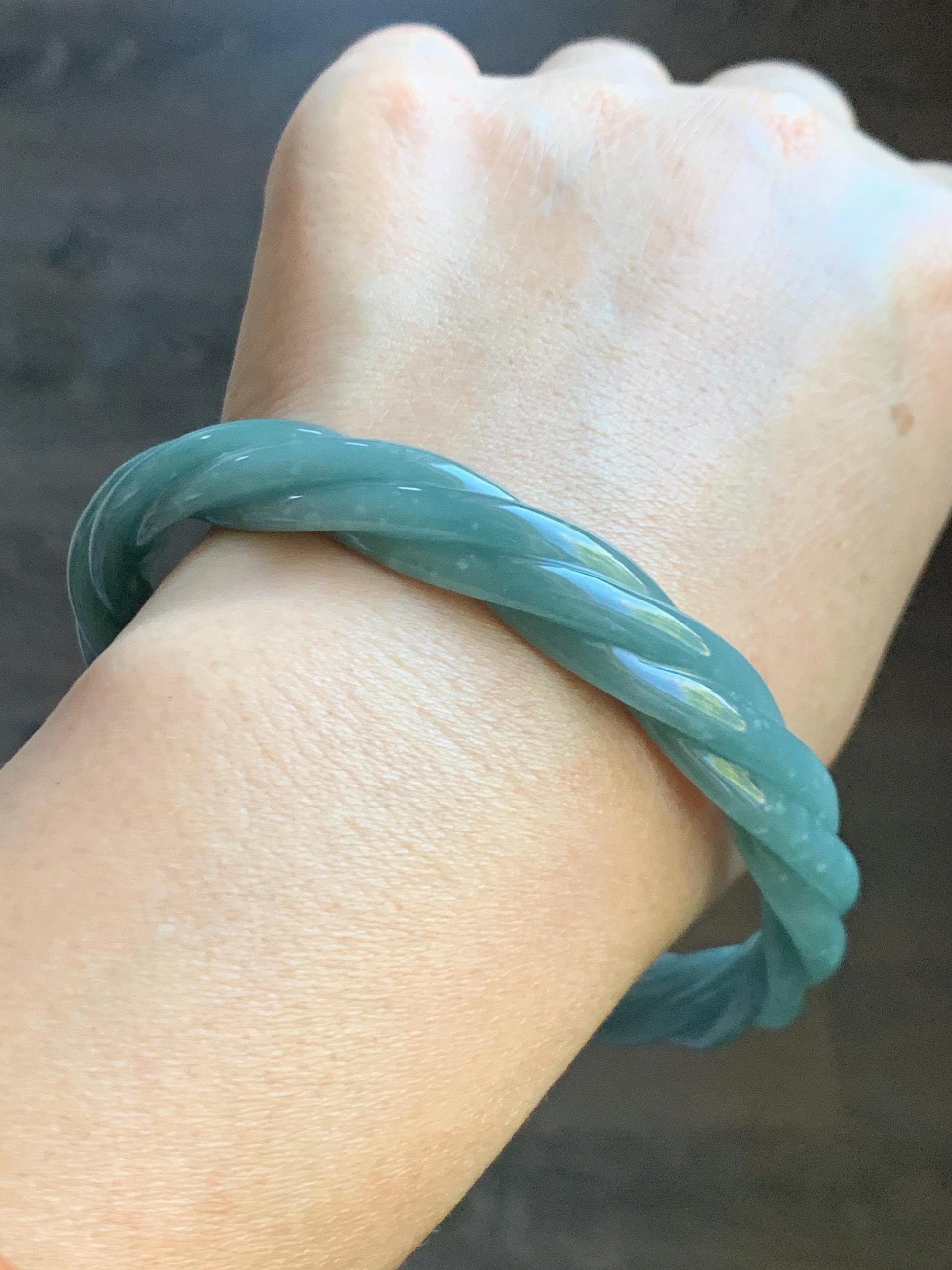 Certified Natural Grade A Guatemalan Icy Translucent Dusty Teal Blue Jade Jadeite Carved Braid Bangle 70.36mm 8.7” 天然冰危淡蓝绿翡翠麻花手镯 710