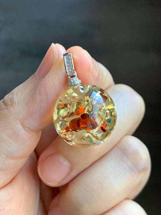 Natural Genuine Untreatrd Fossilized Tree Resin Large Sphere Solitaire Pendant Sterling Silver 20.4mm 5g HPZ283 天然花珀大圆珠吊坠珍珠扣