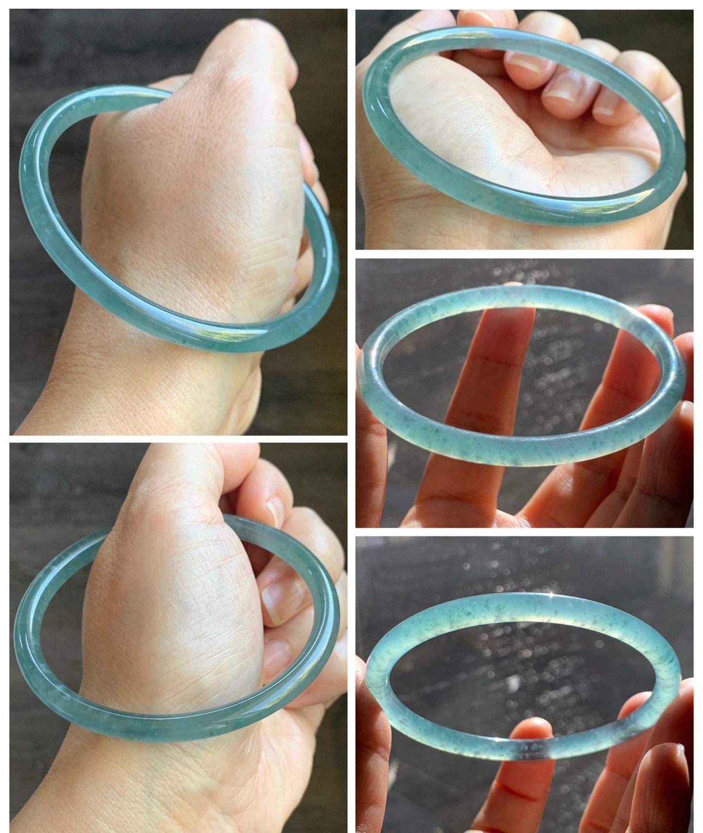 Certified Natural Grade A Guatemalan Icy Highly Translucent Teal Green Jade Jadeite Bangle Bracelet 63.83mm 7.89” 天然冰胶危蓝绿翡翠圆条手镯 713