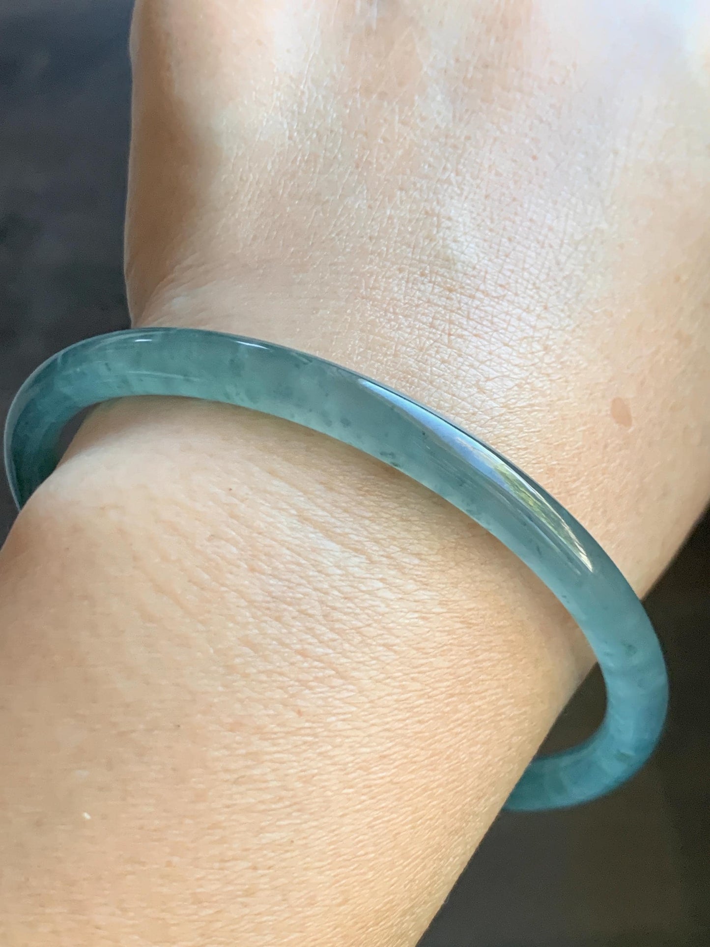 Certified Natural Grade A Guatemalan Icy Highly Translucent Teal Green Jade Jadeite Bangle Bracelet 63.83mm 7.89” 天然冰胶危蓝绿翡翠圆条手镯 713