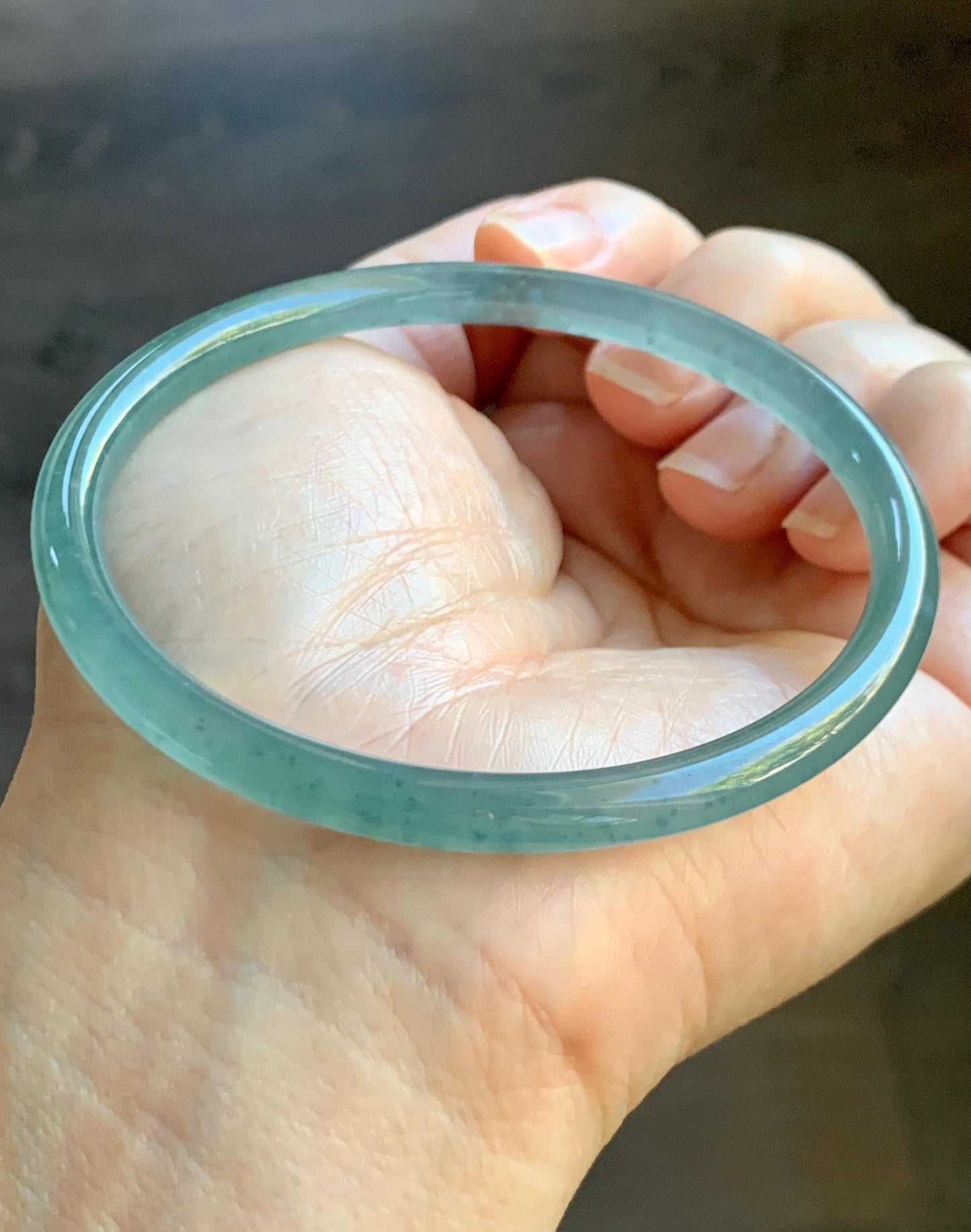 Certified Natural Grade A Guatemalan Icy Highly Translucent Teal Green Jade Jadeite Bangle Bracelet 63.83mm 7.89” 天然冰胶危蓝绿翡翠圆条手镯 713