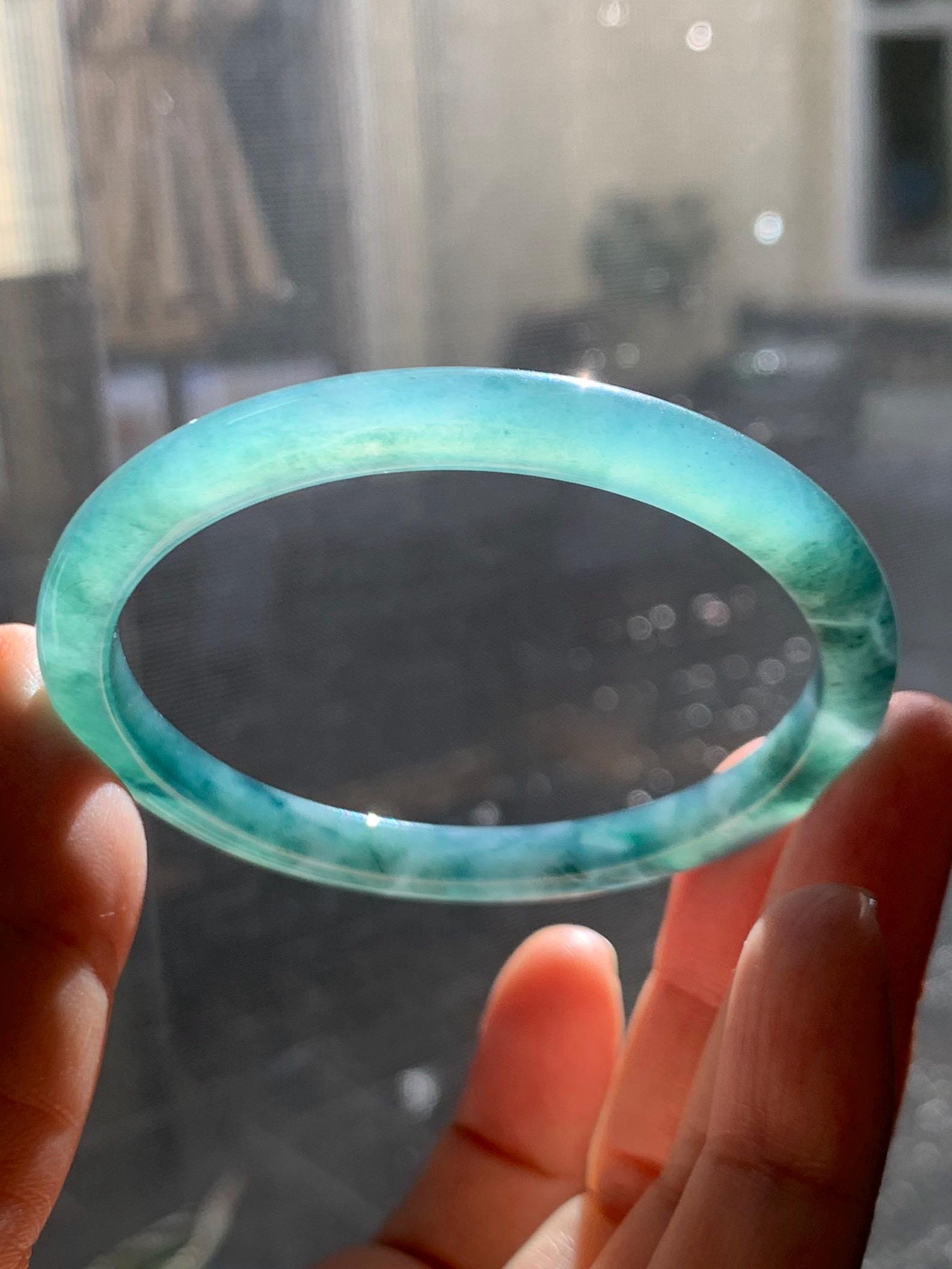 Certified Natural Grade A Guatemalan Icy Highly Translucent Dark Green & Green Marbled Jade Jadeite Bangle 53.7mm 6.6” 天然冰胶危深蓝飘花翡翠手镯 278