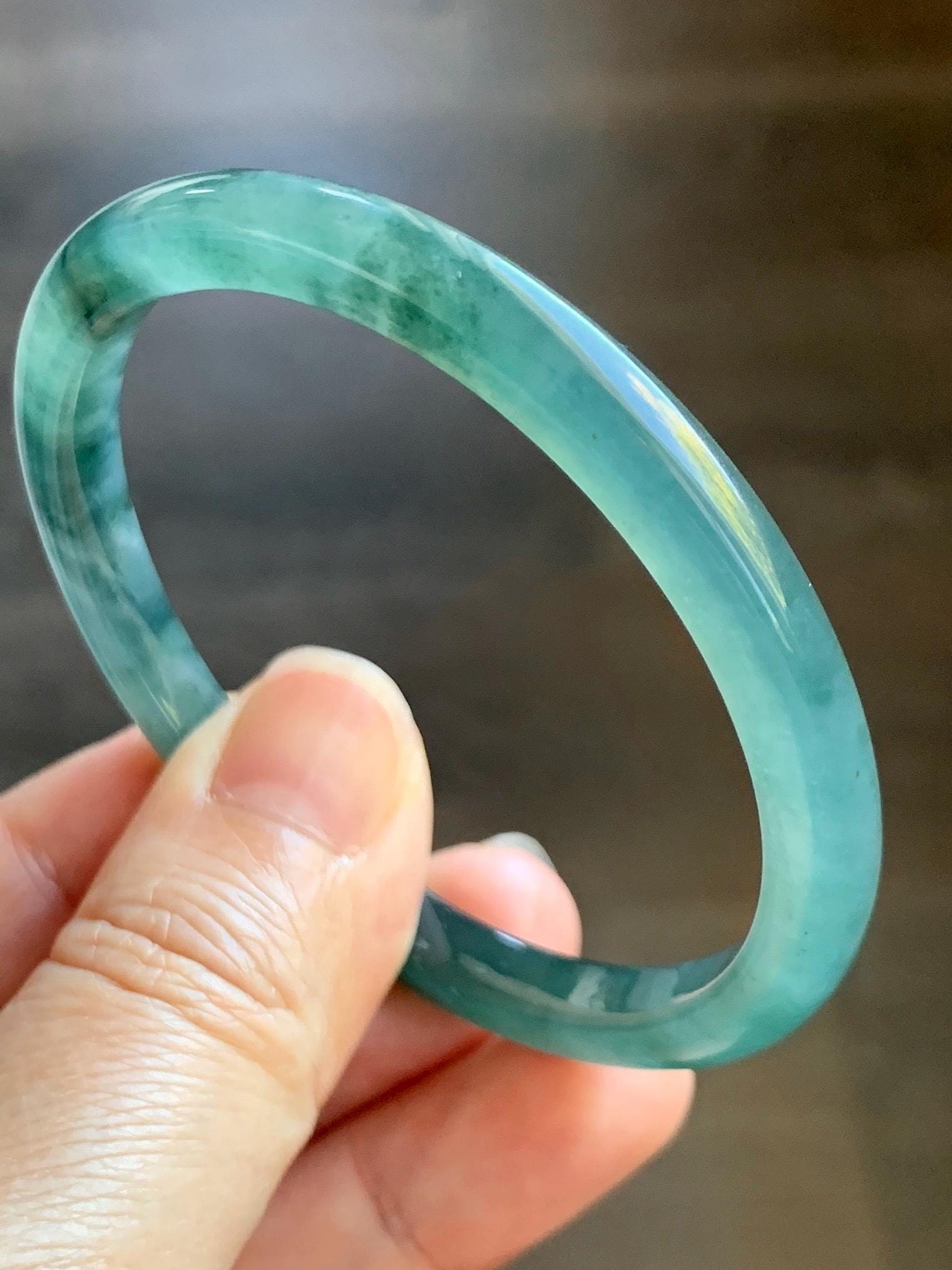 Certified Natural Grade A Guatemalan Icy Highly Translucent Dark Green & Green Marbled Jade Jadeite Bangle 53.7mm 6.6” 天然冰胶危深蓝飘花翡翠手镯 278