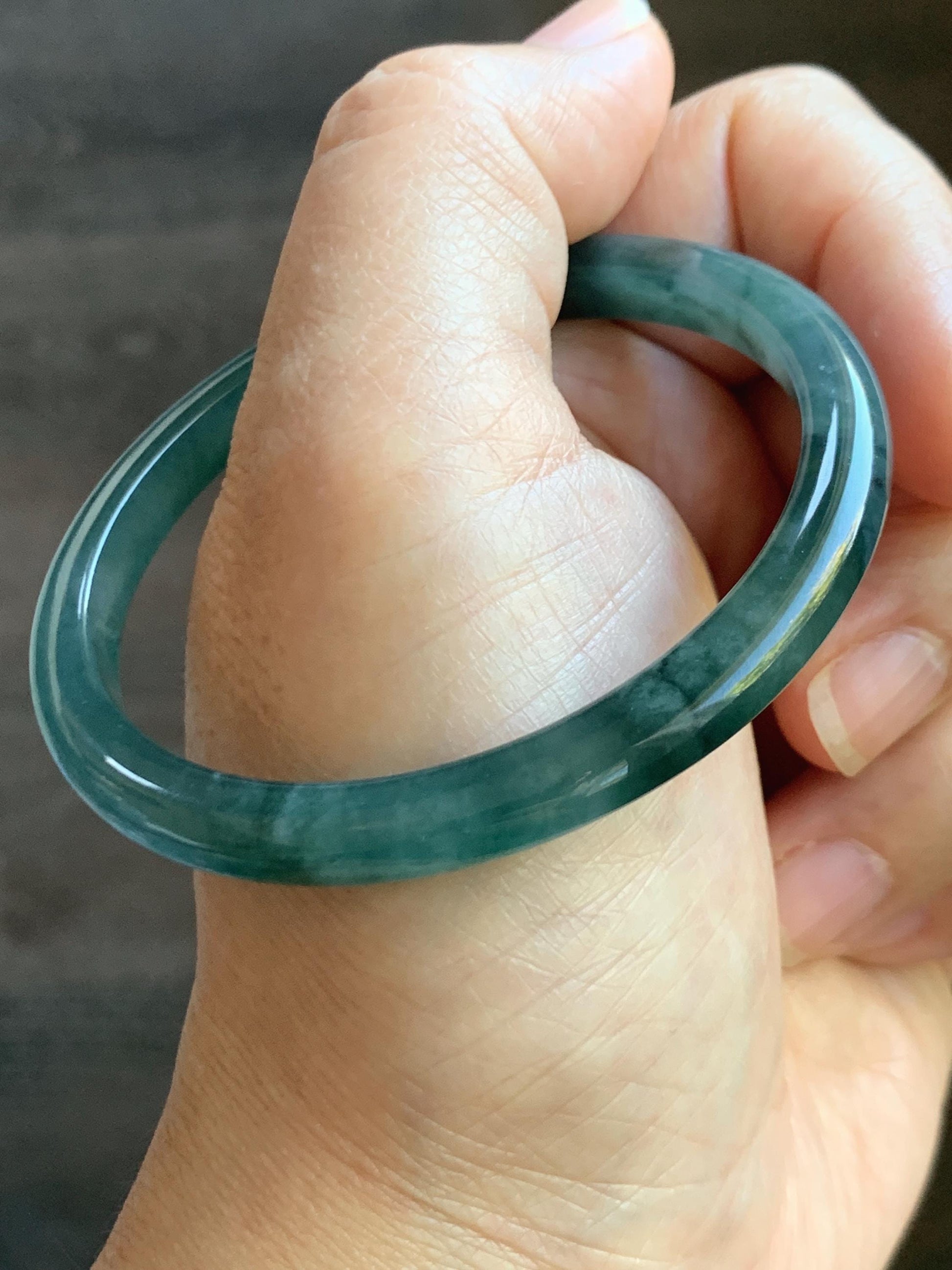Certified Natural Grade A Guatemalan Icy Highly Translucent Dark Green & Green Marbled Jade Jadeite Bangle 53.7mm 6.6” 天然冰胶危深蓝飘花翡翠手镯 278