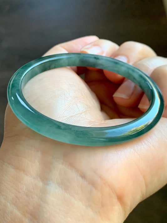 Certified Natural Grade A Guatemalan Icy Highly Translucent Dark Green & Green Marbled Jade Jadeite Bangle 53.7mm 6.6” 天然冰胶危深蓝飘花翡翠手镯 278