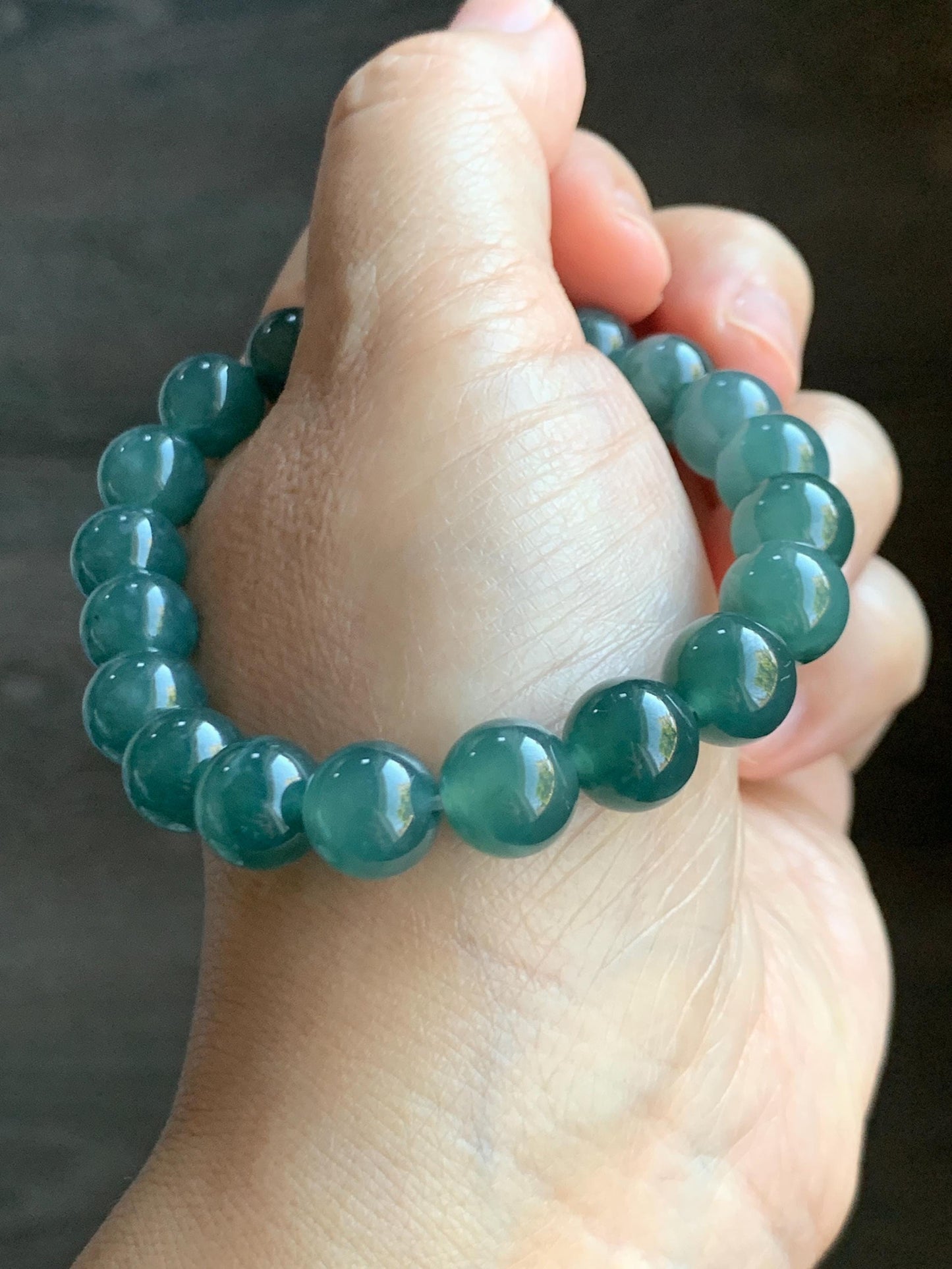 Natural Guatemalan Grade A Icy Translucent Dark Teal Blue Jade Jadeite Beaded Bracelet Stretchy 9.8mm 7.25” 33g 天然冰危深蓝绿翡翠圆珠手串 WLP180A