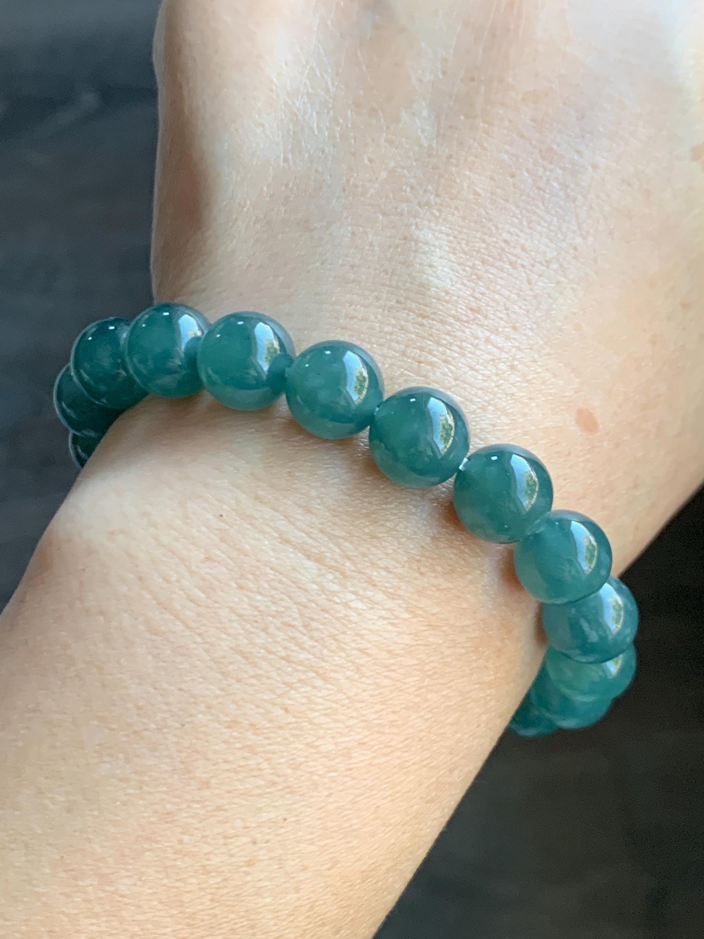 Natural Guatemalan Grade A Icy Translucent Dark Teal Blue Jade Jadeite Beaded Bracelet Stretchy 9.8mm 7.25” 33g 天然冰危深蓝绿翡翠圆珠手串 WLP180A