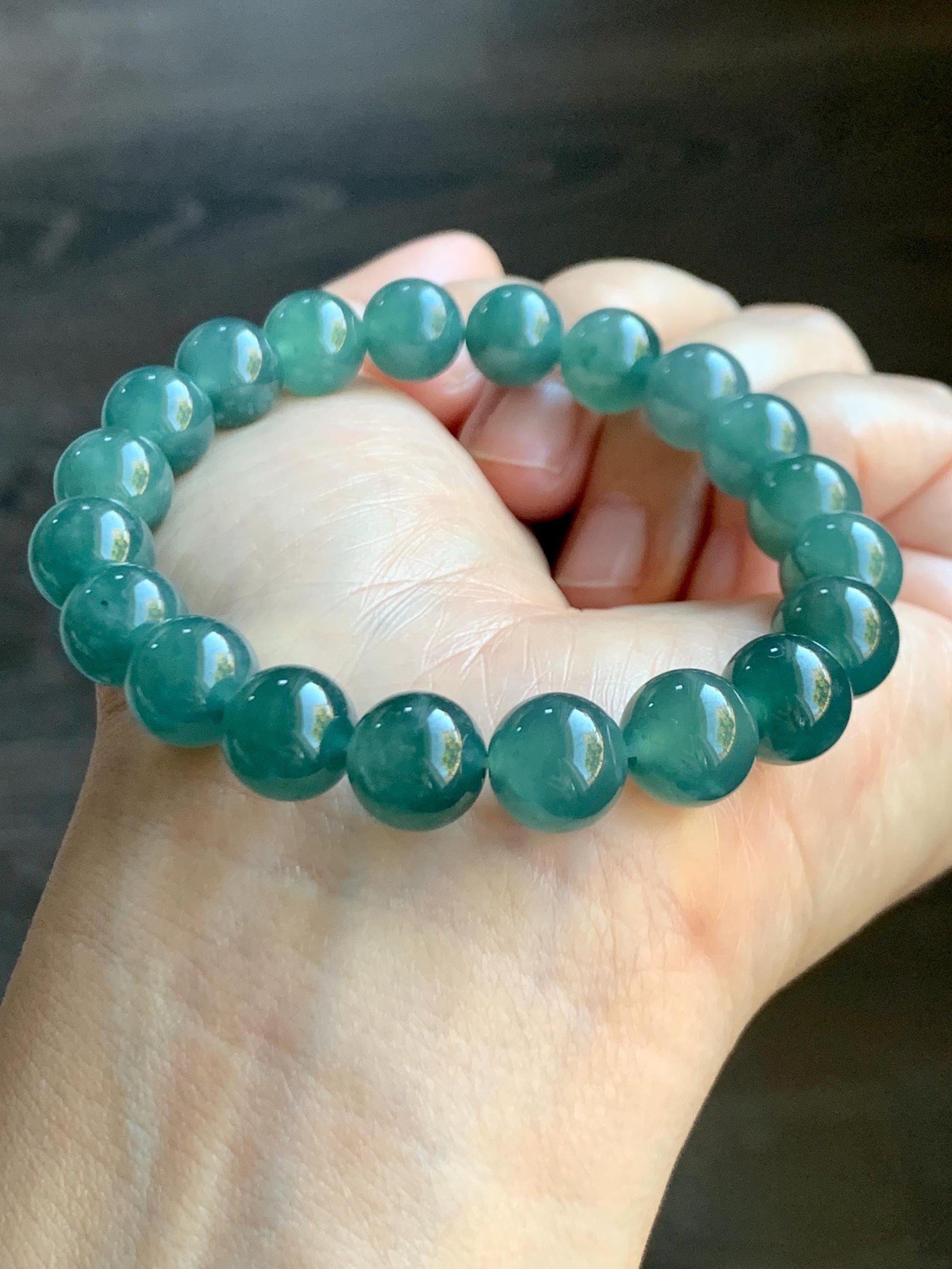 Natural Guatemalan Grade A Icy Translucent Dark Teal Blue Jade Jadeite Beaded Bracelet Stretchy 9.8mm 7.25” 33g 天然冰危深蓝绿翡翠圆珠手串 WLP180A