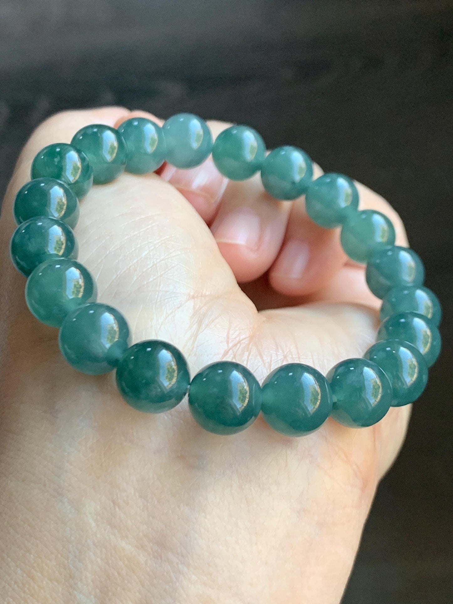 Natural Guatemalan Grade A Icy Translucent Dark Teal Blue Jade Jadeite Beaded Bracelet Stretchy 9.8mm 7.25” 33g 天然冰危深蓝绿翡翠圆珠手串 WLP180A