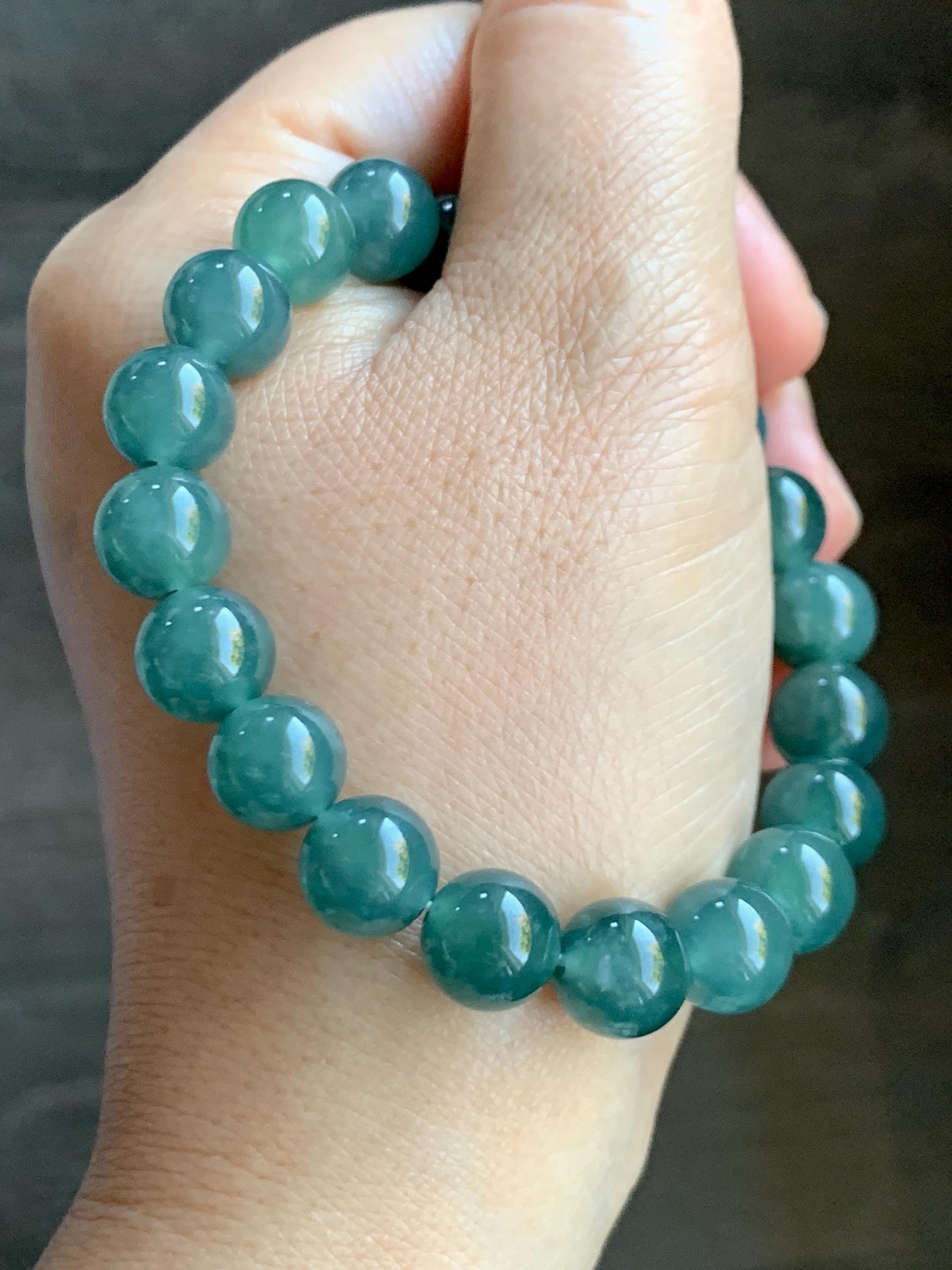 Natural Guatemalan Grade A Icy Translucent Dark Teal Blue Jade Jadeite Beaded Bracelet Stretchy 9.8mm 7.25” 33g 天然冰危深蓝绿翡翠圆珠手串 WLP180A