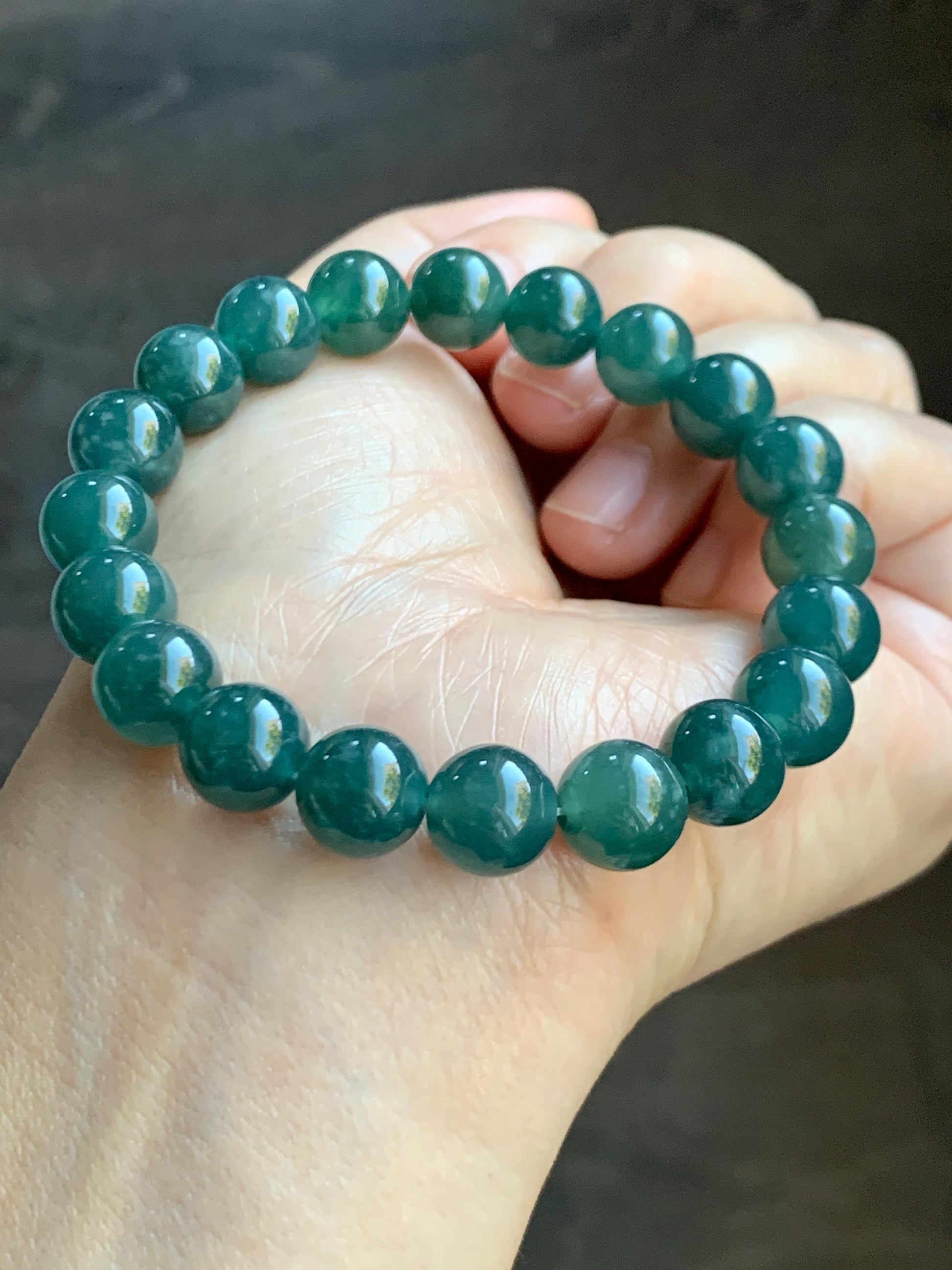 Natural Guatemalan Grade A Icy Translucent Dark Teal Green Jade Jadeite Beaded Bracelet Stretchy 9.8mm 7.25” 33g 天然冰危深蓝绿翡翠圆珠手串 WLP180B