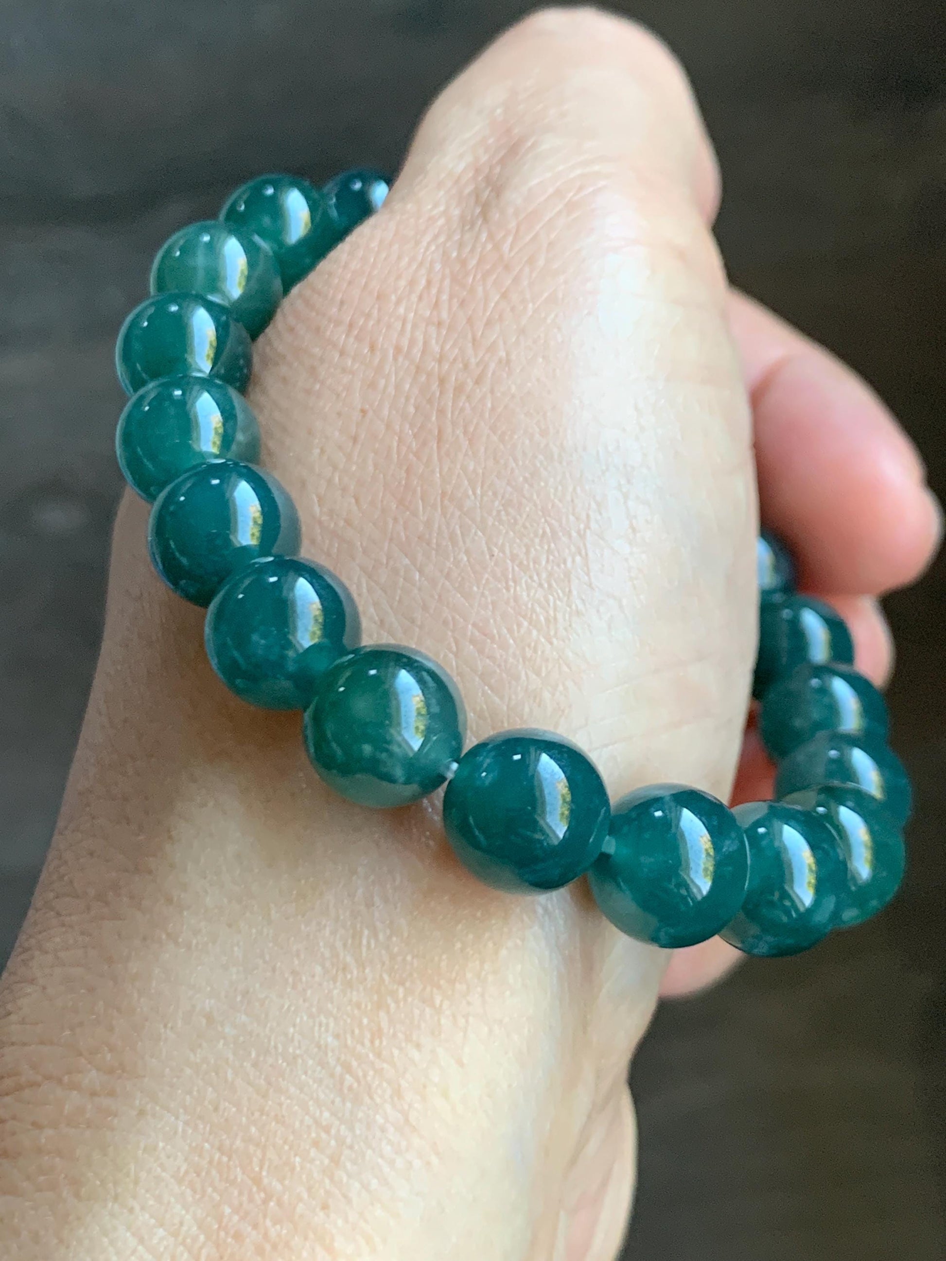 Natural Guatemalan Grade A Icy Translucent Dark Teal Green Jade Jadeite Beaded Bracelet Stretchy 9.8mm 7.25” 33g 天然冰危深蓝绿翡翠圆珠手串 WLP180B
