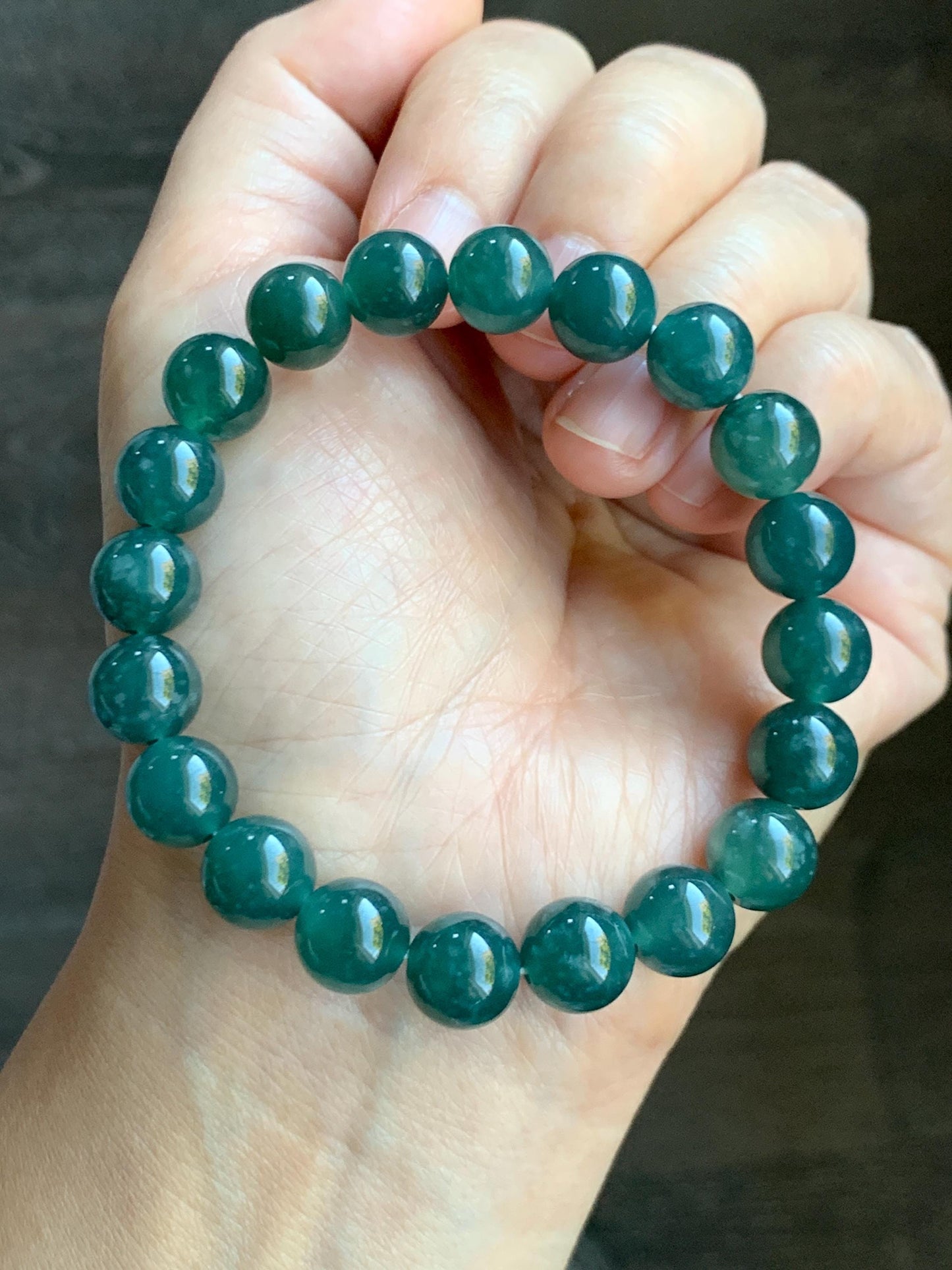 Natural Guatemalan Grade A Icy Translucent Dark Teal Green Jade Jadeite Beaded Bracelet Stretchy 9.8mm 7.25” 33g 天然冰危深蓝绿翡翠圆珠手串 WLP180B
