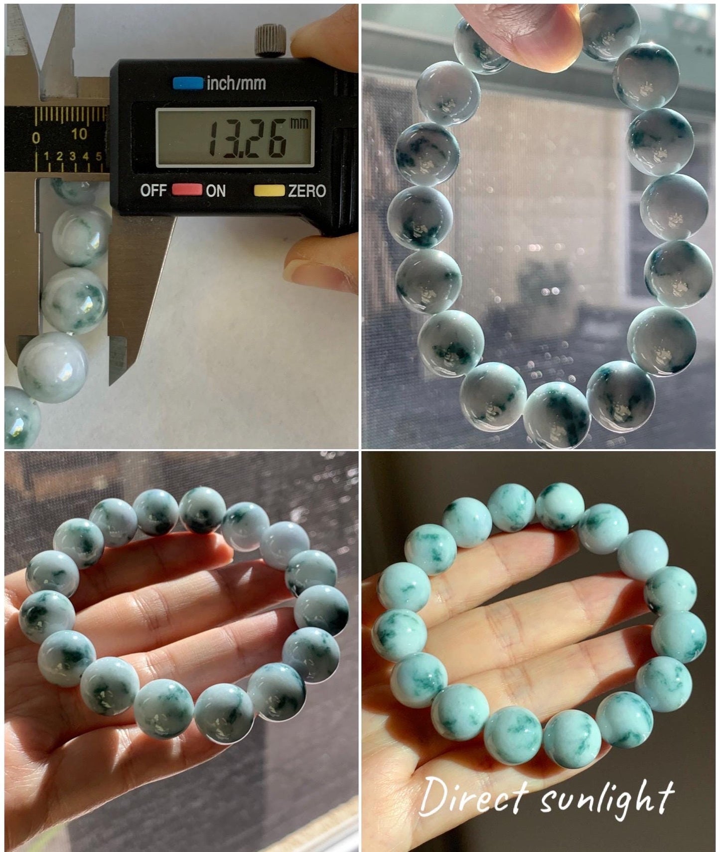 Natural Grade A Icy White Green Marbled Jade Jadeite Large Beads Beaded Bracelet Stretchy 13.2mm 7.75” 64g 天然A货白底飘花翡翠大卡手串 MBQ550A