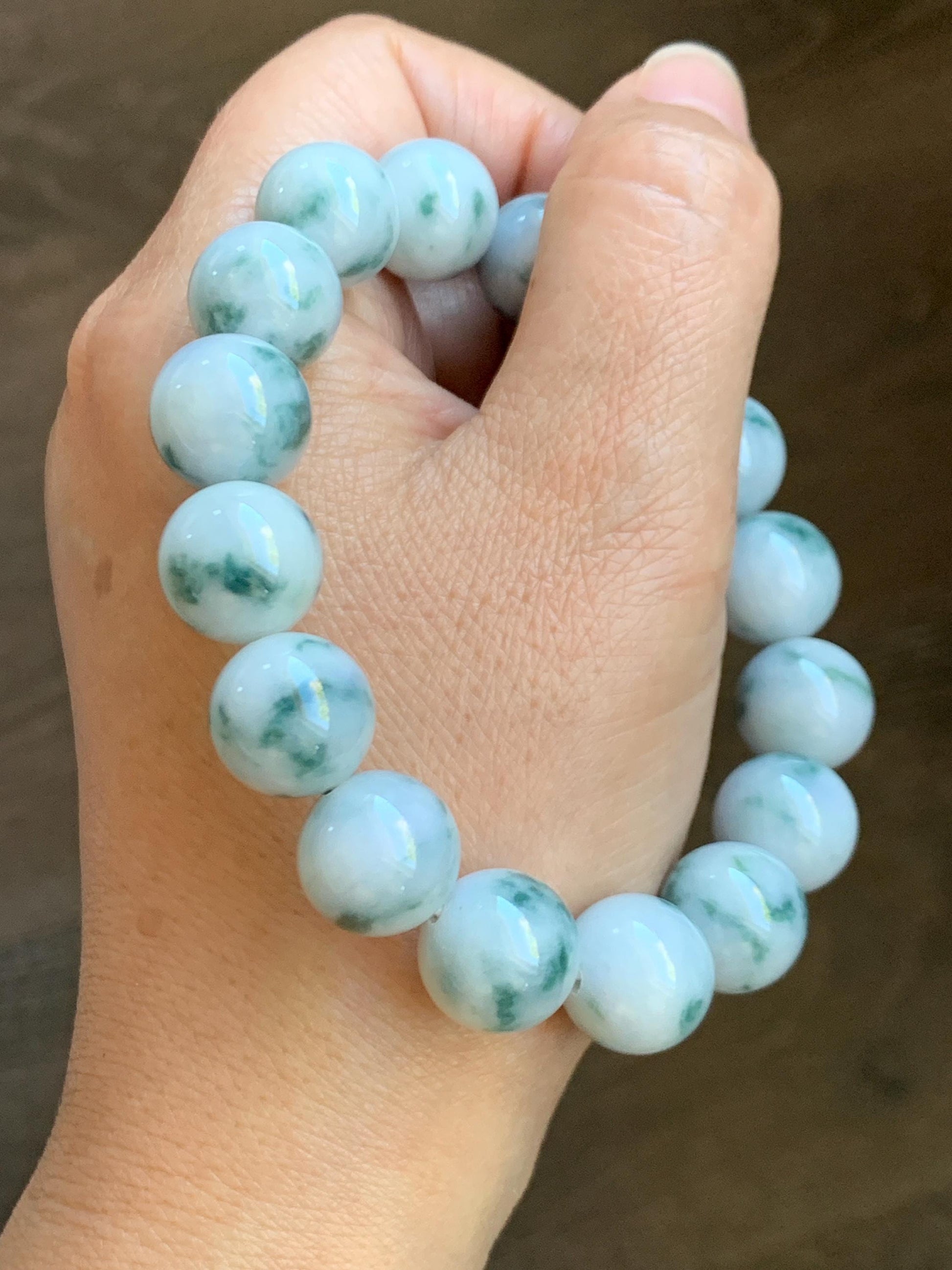 Natural Grade A Icy White Green Marbled Jade Jadeite Large Beads Beaded Bracelet Stretchy 13.2mm 7.75” 64g 天然A货白底飘花翡翠大卡手串 MBQ550A