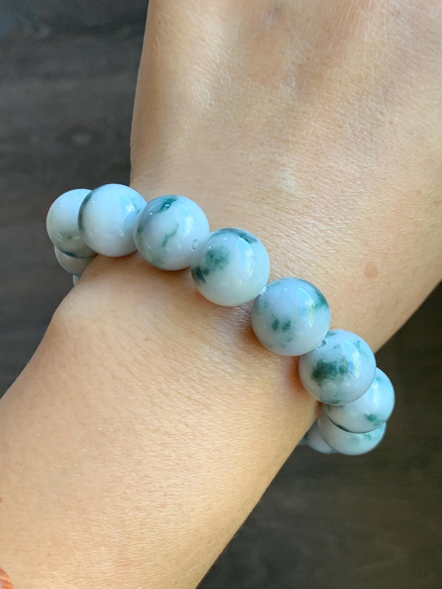 Natural Grade A Icy White Green Marbled Jade Jadeite Large Beads Beaded Bracelet Stretchy 13.2mm 7.75” 64g 天然A货白底飘花翡翠大卡手串 MBQ550A