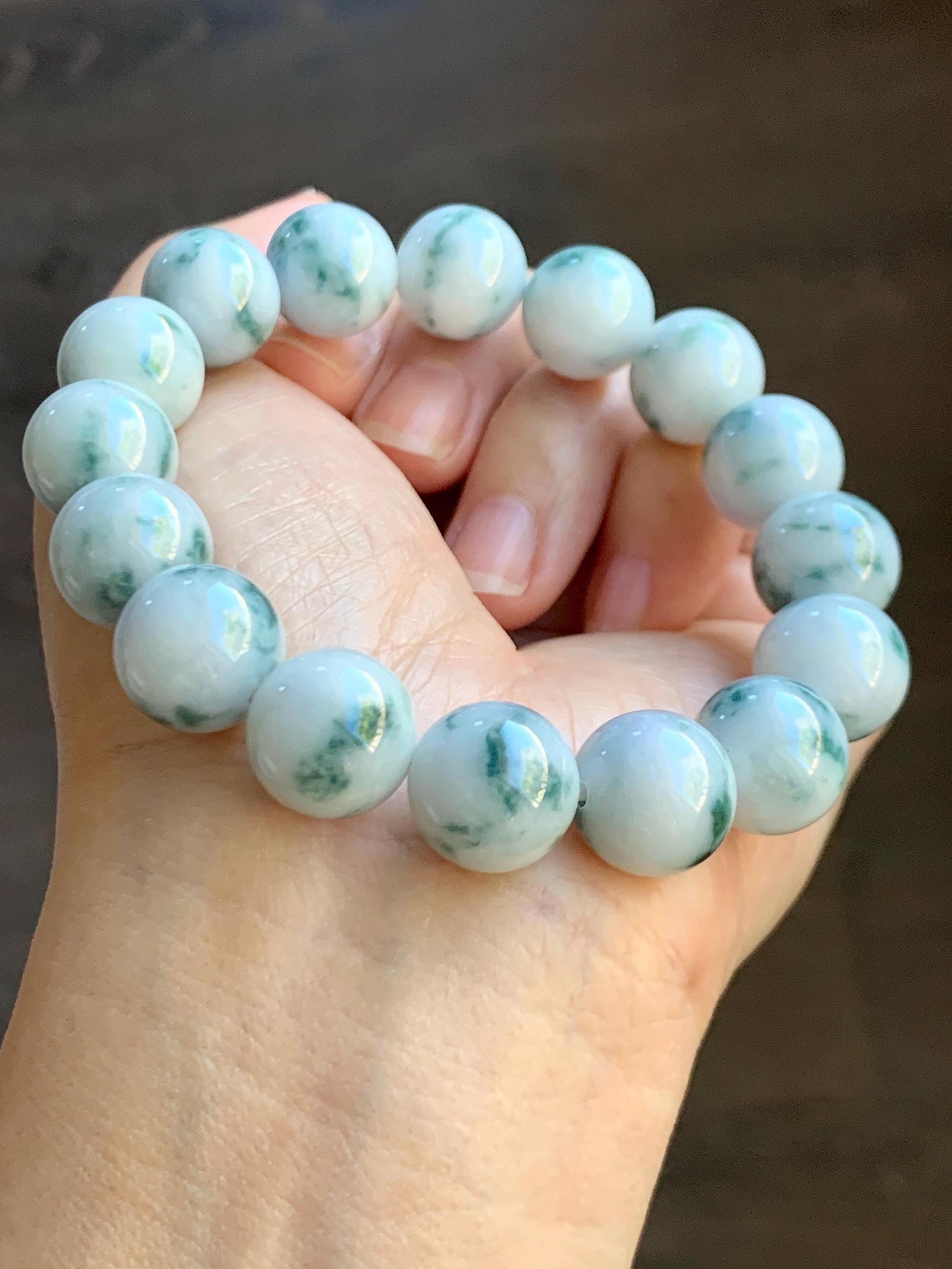 Natural Grade A Icy White Green Marbled Jade Jadeite Large Beads Beaded Bracelet Stretchy 13.2mm 7.75” 64g 天然A货白底飘花翡翠大卡手串 MBQ550A
