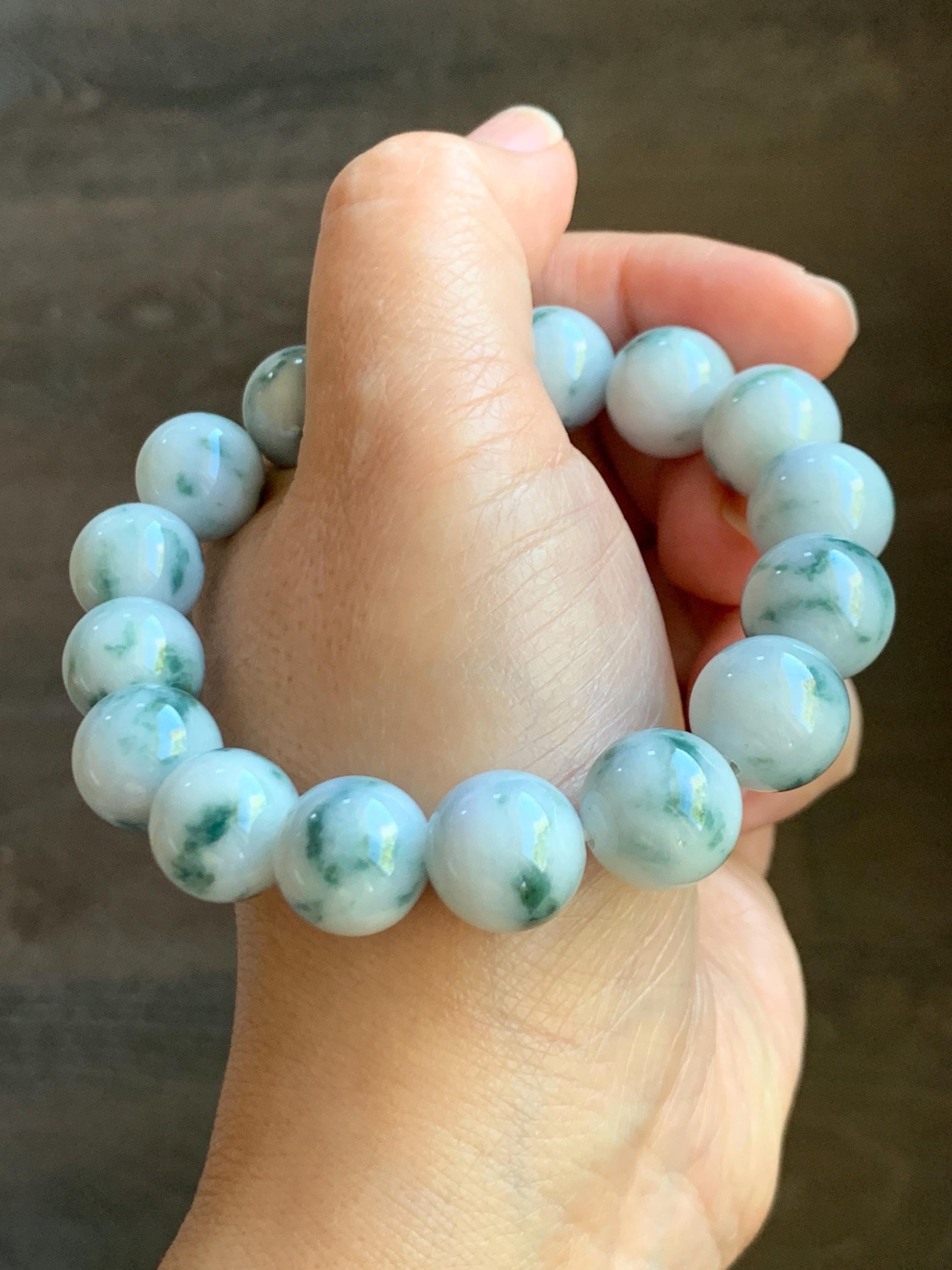 Natural Grade A Icy White Green Marbled Jade Jadeite Large Beads Beaded Bracelet Stretchy 13.2mm 7.75” 64g 天然A货白底飘花翡翠大卡手串 MBQ550A