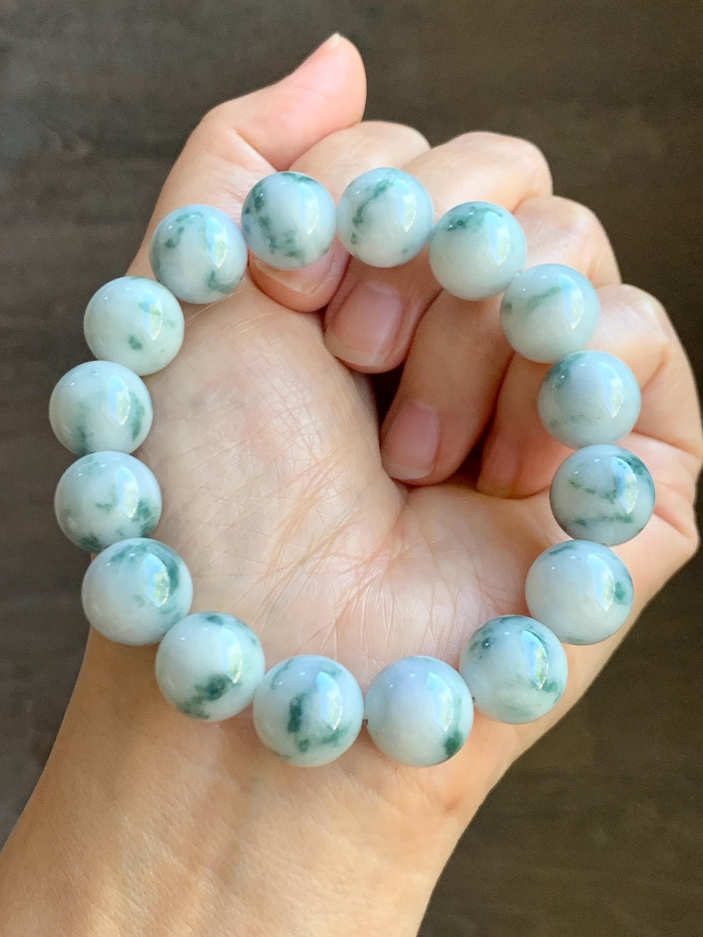 Natural Grade A Icy White Green Marbled Jade Jadeite Large Beads Beaded Bracelet Stretchy 13.2mm 7.75” 64g 天然A货白底飘花翡翠大卡手串 MBQ550A