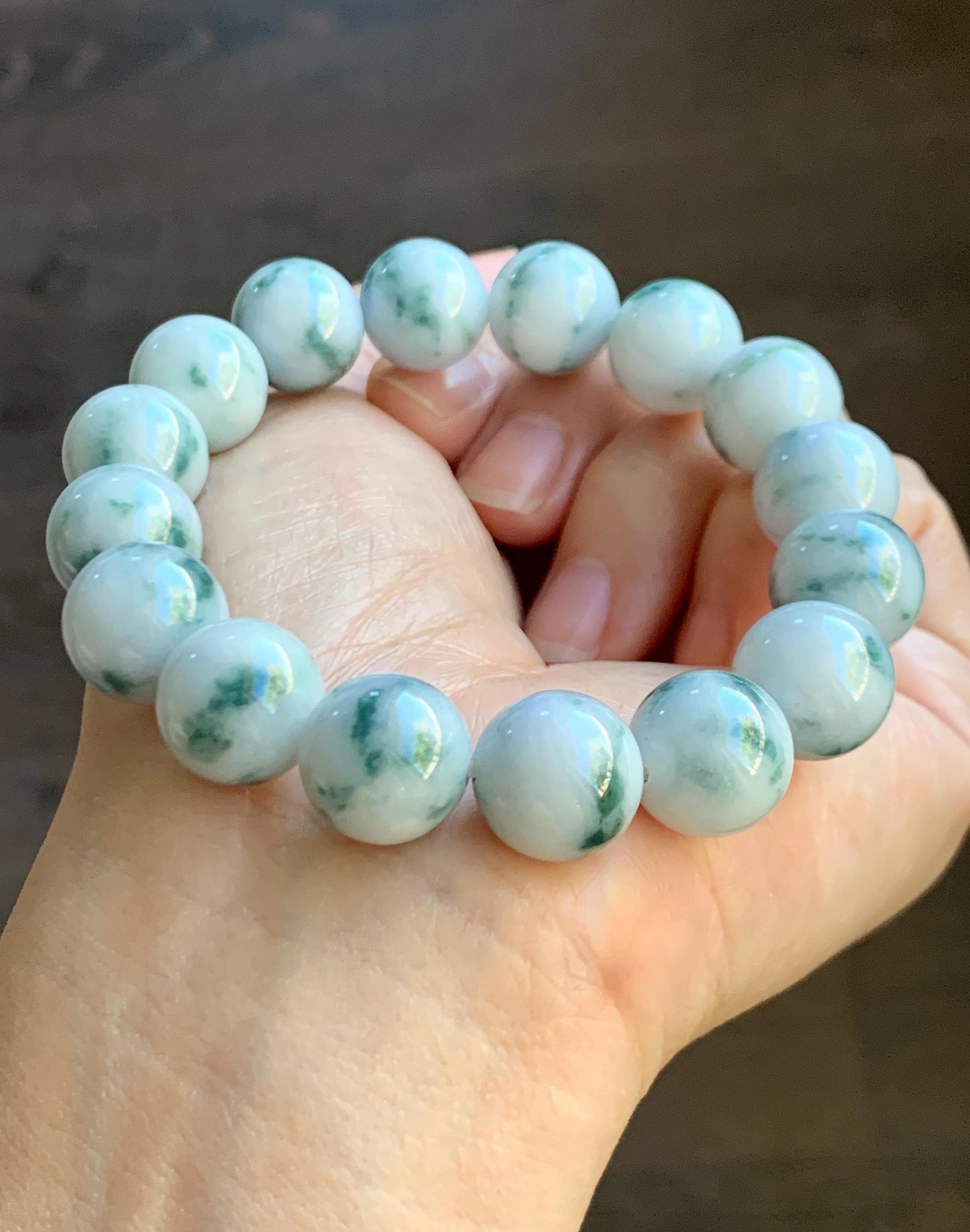 Natural Grade A Icy White Green Marbled Jade Jadeite Large Beads Beaded Bracelet Stretchy 13.2mm 7.75” 64g 天然A货白底飘花翡翠大卡手串 MBQ550A