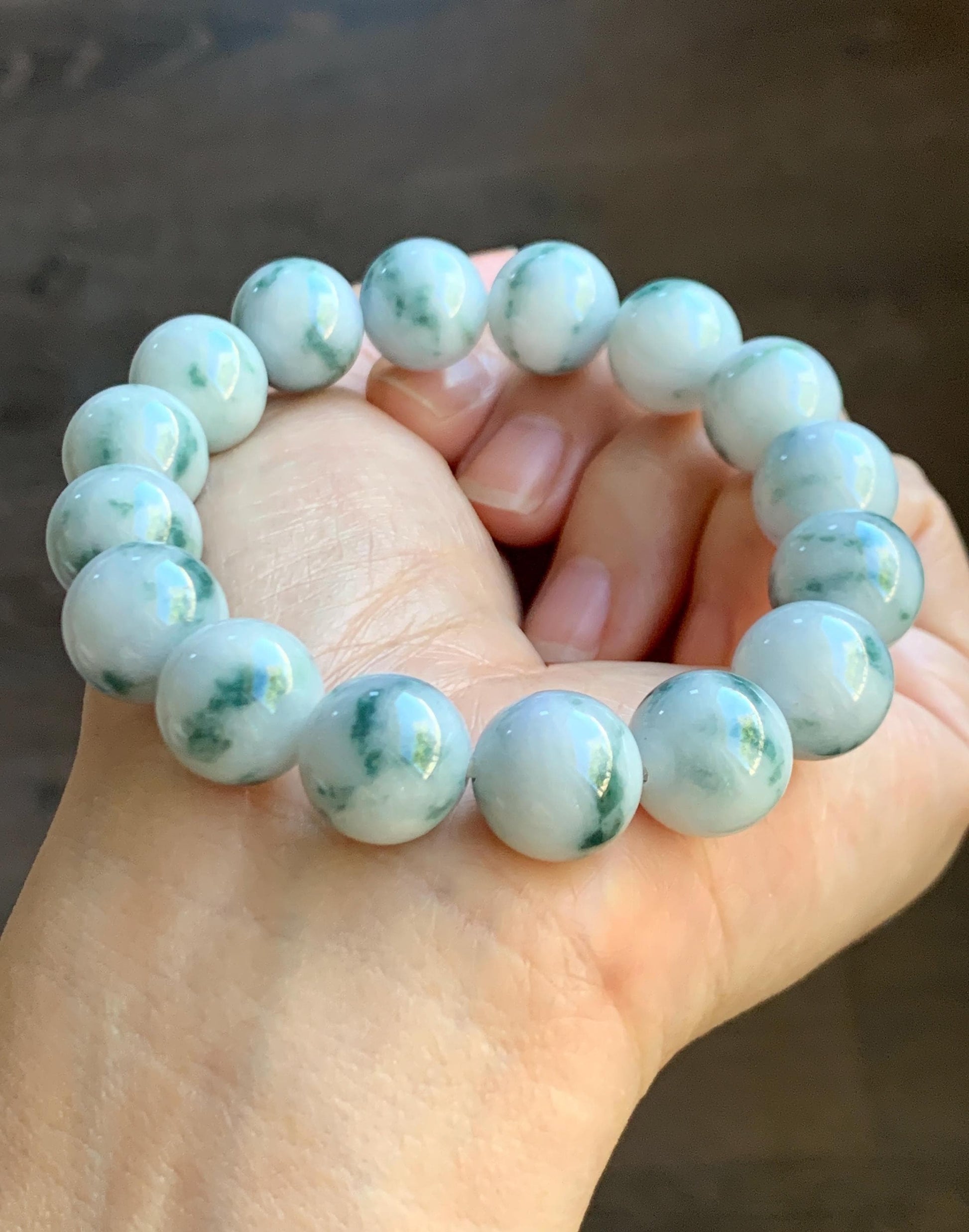 Natural Grade A Icy White Green Marbled Jade Jadeite Large Beads Beaded Bracelet Stretchy 13.2mm 7.75” 64g 天然A货白底飘花翡翠大卡手串 MBQ550A