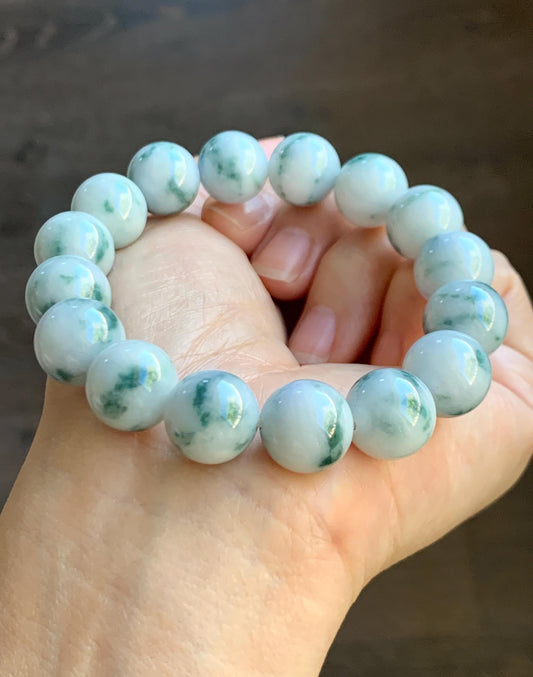 Natural Grade A Icy White Green Marbled Jade Jadeite Large Beads Beaded Bracelet Stretchy 13.2mm 7.75” 64g 天然A货白底飘花翡翠大卡手串 MBQ550A
