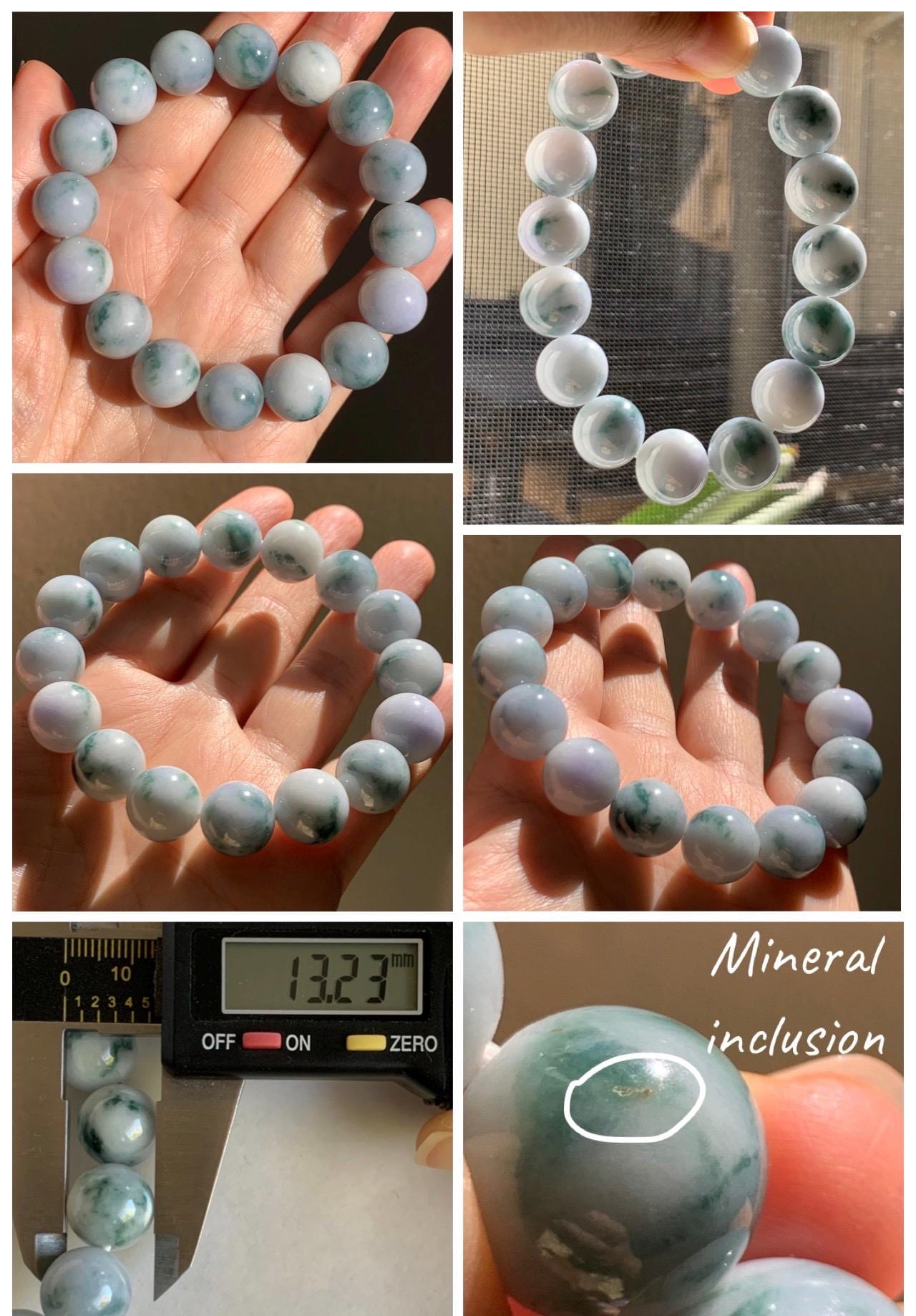 Natural Grade A Icy White Green & Purple Marbled Jade Jadeite Large Beads Beaded Bracelet Stretchy 13.2mm 7.75” 62g 天然A货白底飘紫飘花翡翠大卡手串 MBQ550B