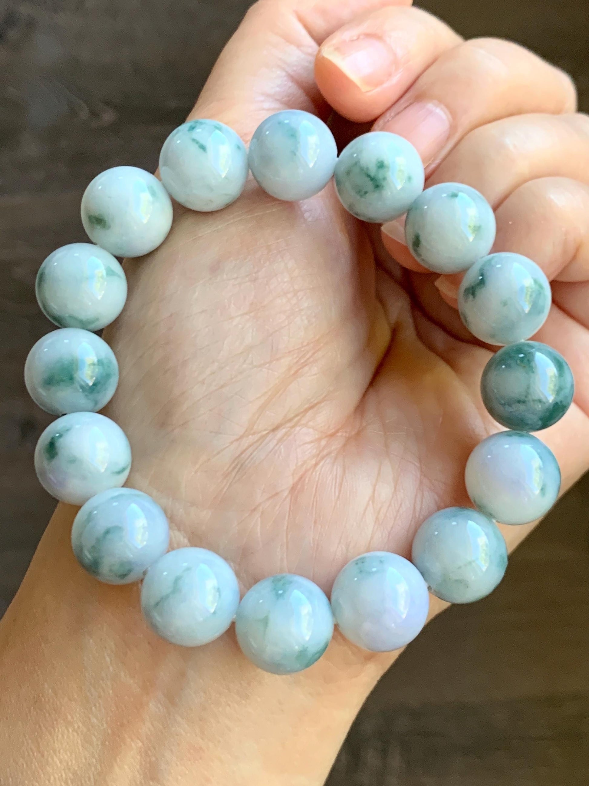 Natural Grade A Icy White Green & Purple Marbled Jade Jadeite Large Beads Beaded Bracelet Stretchy 13.2mm 7.75” 62g 天然A货白底飘紫飘花翡翠大卡手串 MBQ550B