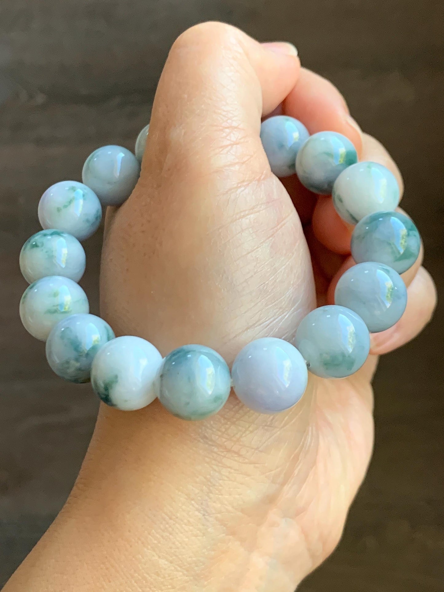 Natural Grade A Icy White Green & Purple Marbled Jade Jadeite Large Beads Beaded Bracelet Stretchy 13.2mm 7.75” 62g 天然A货白底飘紫飘花翡翠大卡手串 MBQ550B