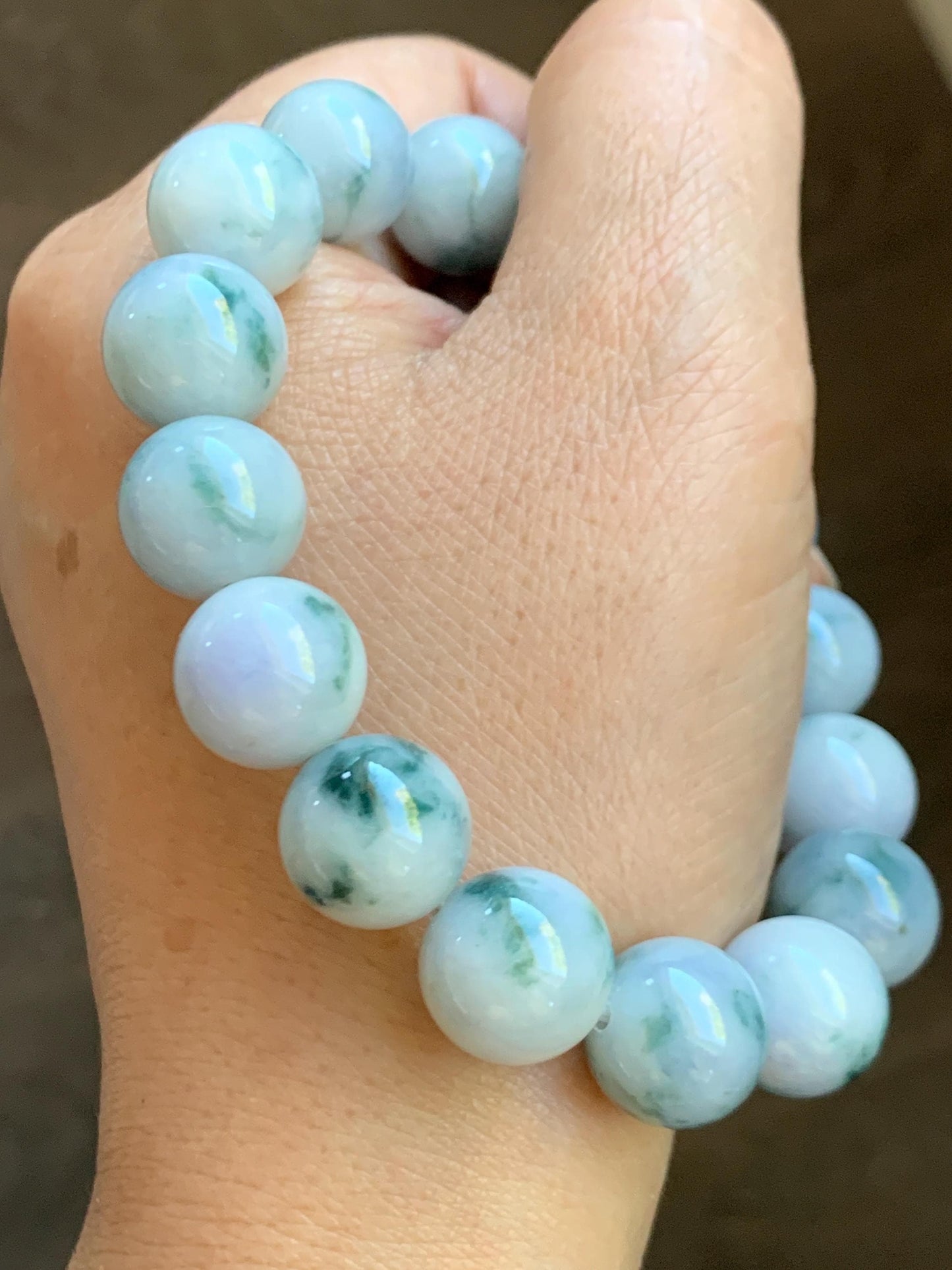 Natural Grade A Icy White Green & Purple Marbled Jade Jadeite Large Beads Beaded Bracelet Stretchy 13.2mm 7.75” 62g 天然A货白底飘紫飘花翡翠大卡手串 MBQ550B