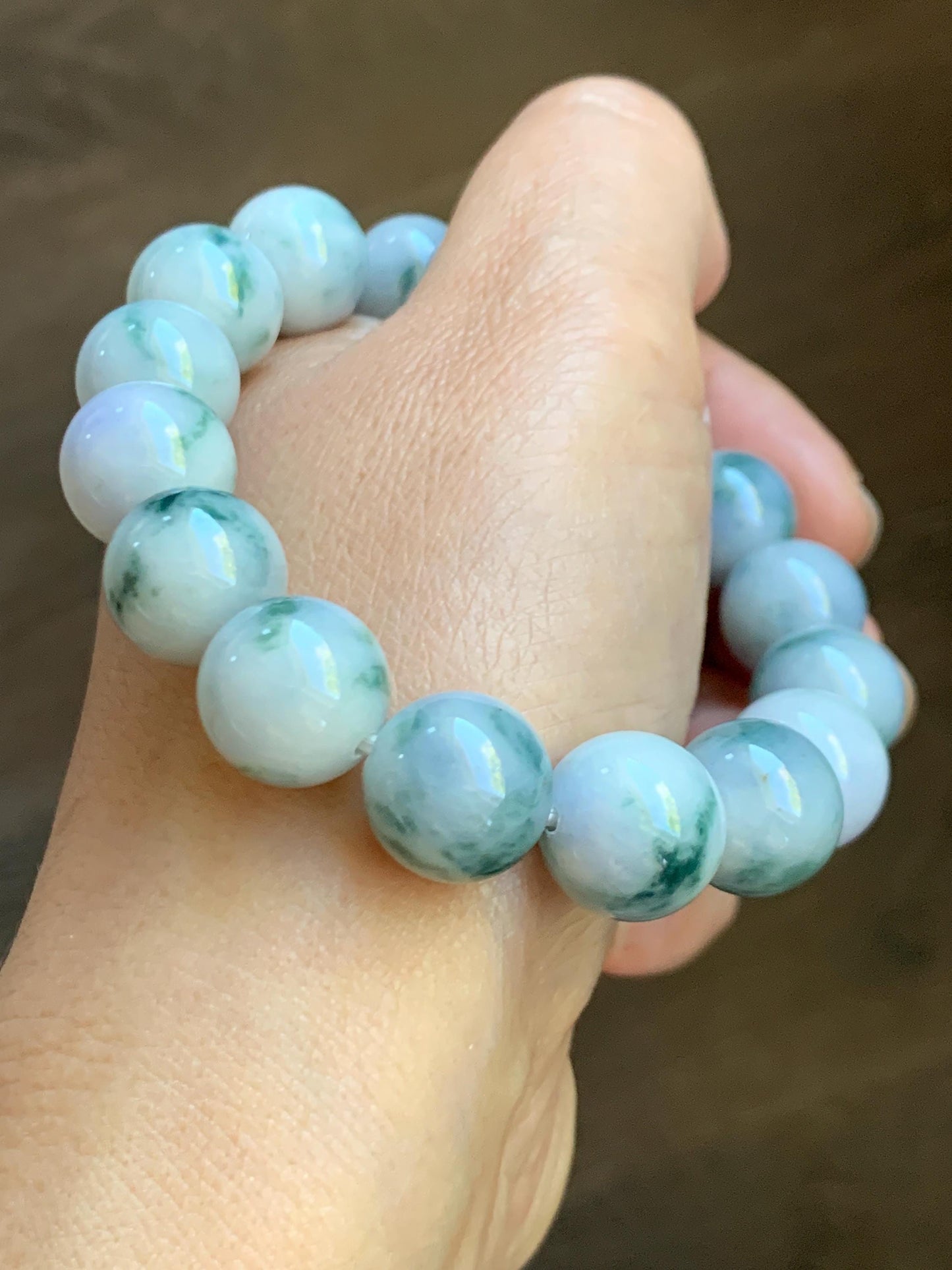 Natural Grade A Icy White Green & Purple Marbled Jade Jadeite Large Beads Beaded Bracelet Stretchy 13.2mm 7.75” 62g 天然A货白底飘紫飘花翡翠大卡手串 MBQ550B