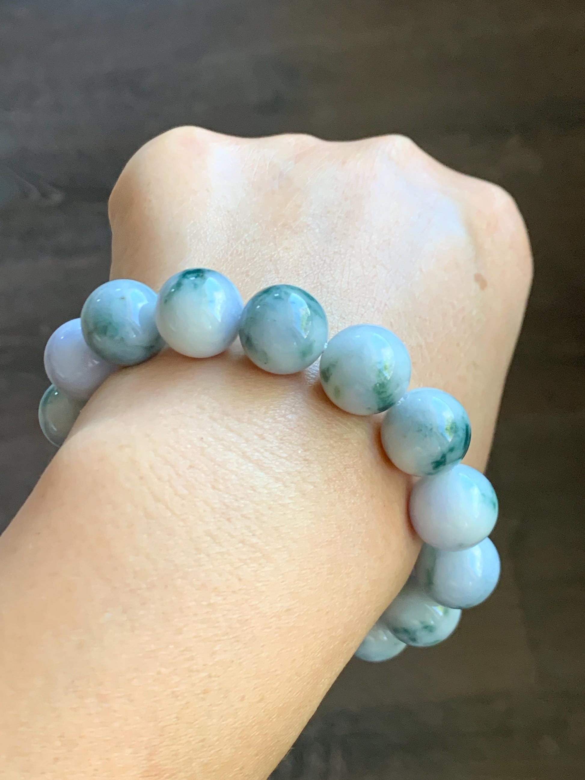 Natural Grade A Icy White Green & Purple Marbled Jade Jadeite Large Beads Beaded Bracelet Stretchy 13.2mm 7.75” 62g 天然A货白底飘紫飘花翡翠大卡手串 MBQ550B