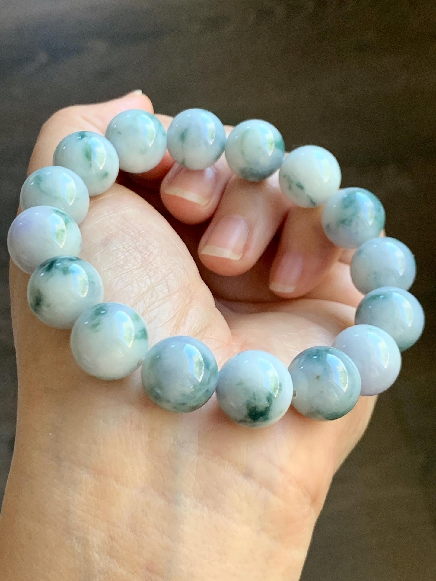 Natural Grade A Icy White Green & Purple Marbled Jade Jadeite Large Beads Beaded Bracelet Stretchy 13.2mm 7.75” 62g 天然A货白底飘紫飘花翡翠大卡手串 MBQ550B