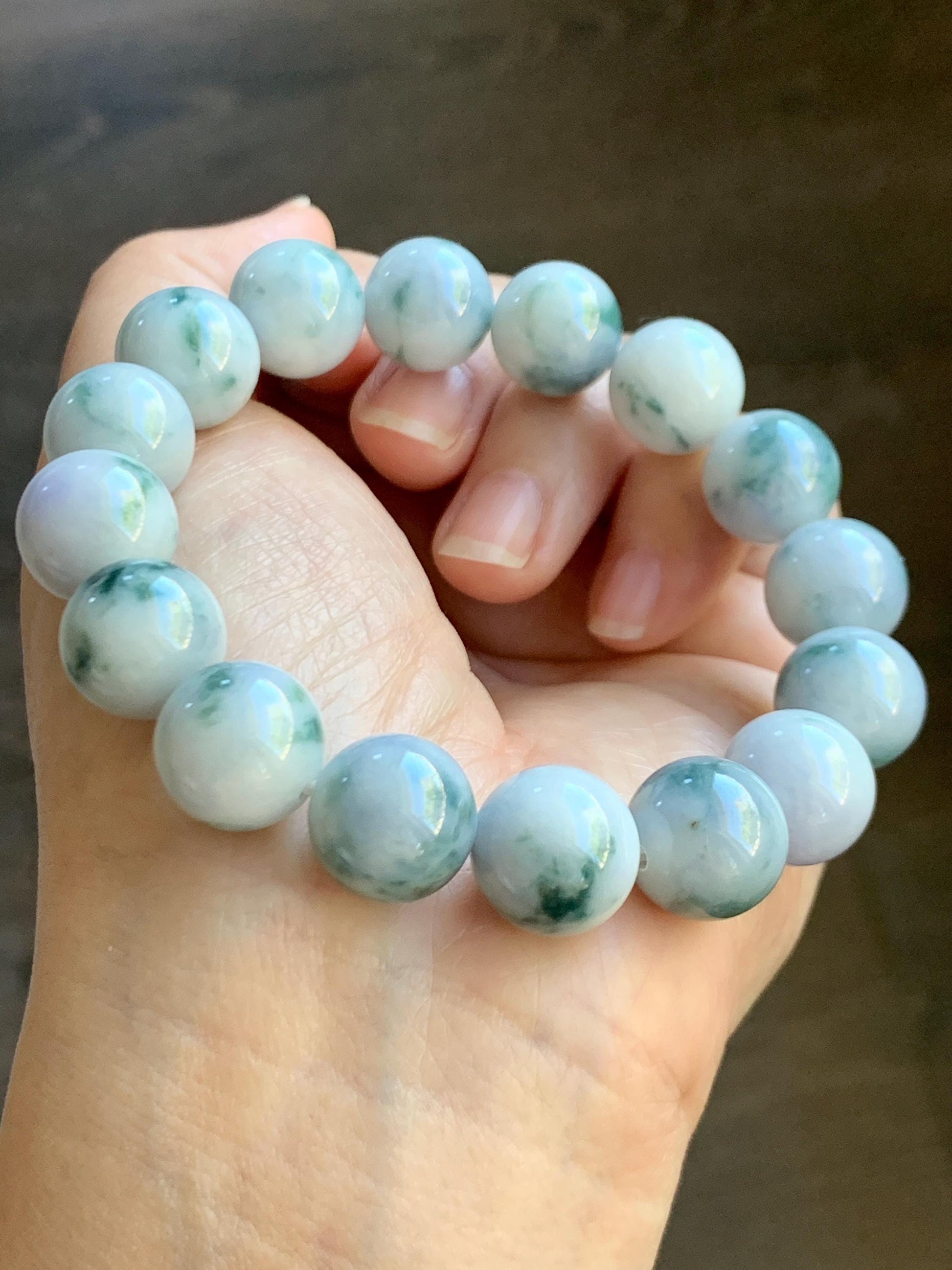 Natural Grade A Icy White Green & Purple Marbled Jade Jadeite Large Beads Beaded Bracelet Stretchy 13.2mm 7.75” 62g 天然A货白底飘紫飘花翡翠大卡手串 MBQ550B