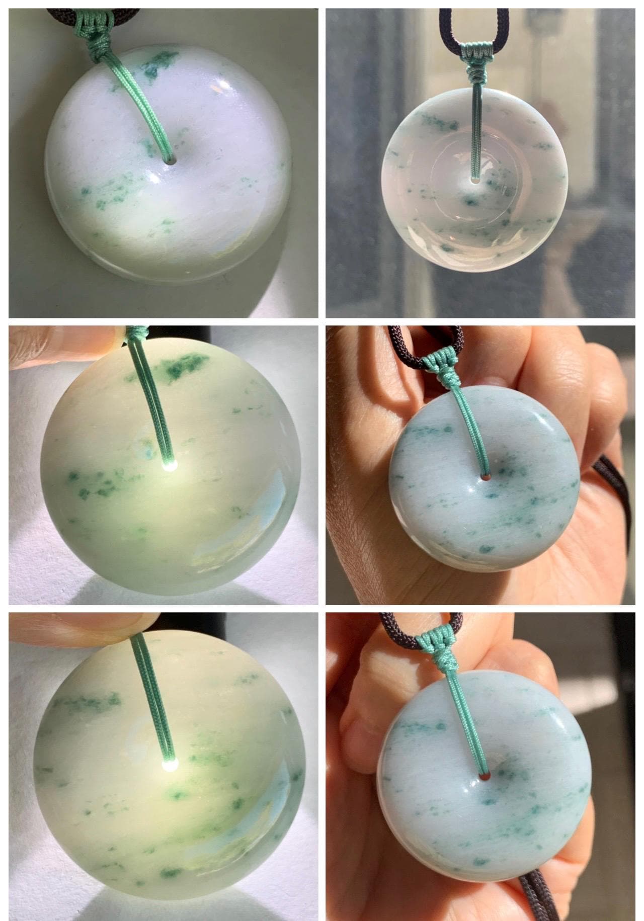 Grade A Natural Icy Translucent White Green Marbled Jade Jadeite Large Ping An Kou Donut Pendant Rope Necklace 31” 天然细糯白底飘花翡翠大平安扣吊坠 DMP313