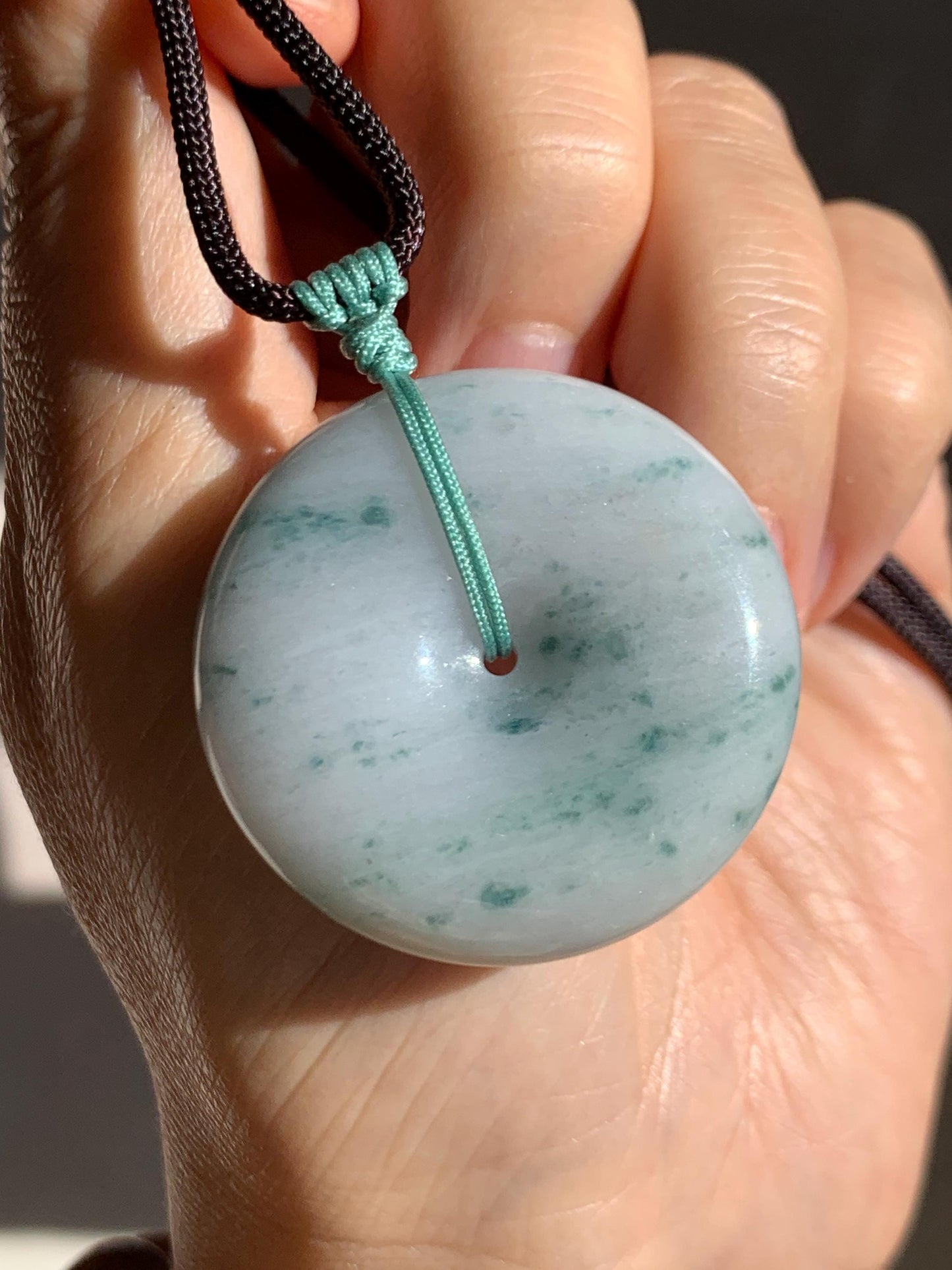 Grade A Natural Icy Translucent White Green Marbled Jade Jadeite Large Ping An Kou Donut Pendant Rope Necklace 31” 天然细糯白底飘花翡翠大平安扣吊坠 DMP313